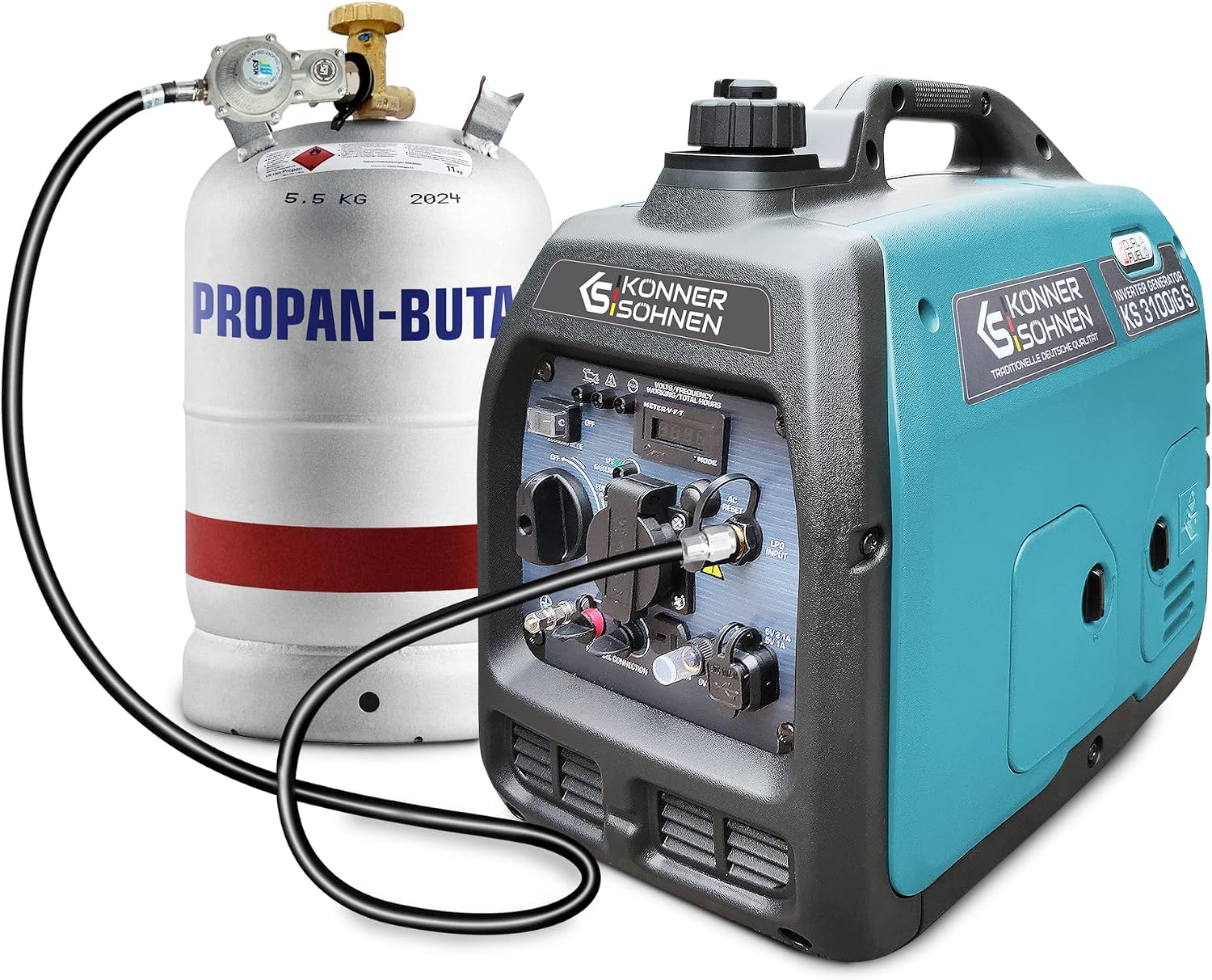 Könner  Söhnen KS 3100iG S LPG/benzine-inverter-generator van Könner  Söhnen. Noodstroomaggregaat 3100 W, veiligheidsstopcontact 230 V, 2 USB-poorten, LED-display, ECO-modus, koperen wikkelingen(Blauw 3100)