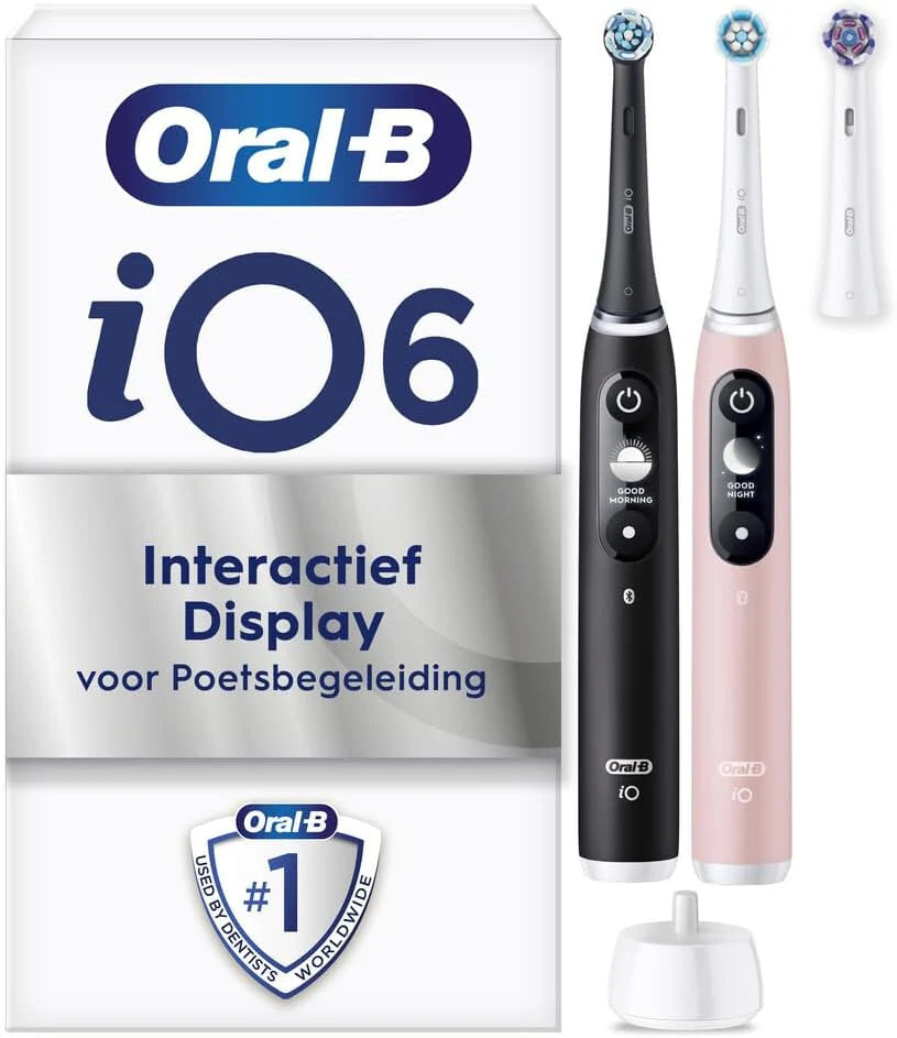 Oral-B iO 6 elektrische tandenborstels, 2 stuks, zwart en roze, handgrepen met zwart-wit display, Bluetooth, 3 borstels(Zwart/Roze)
