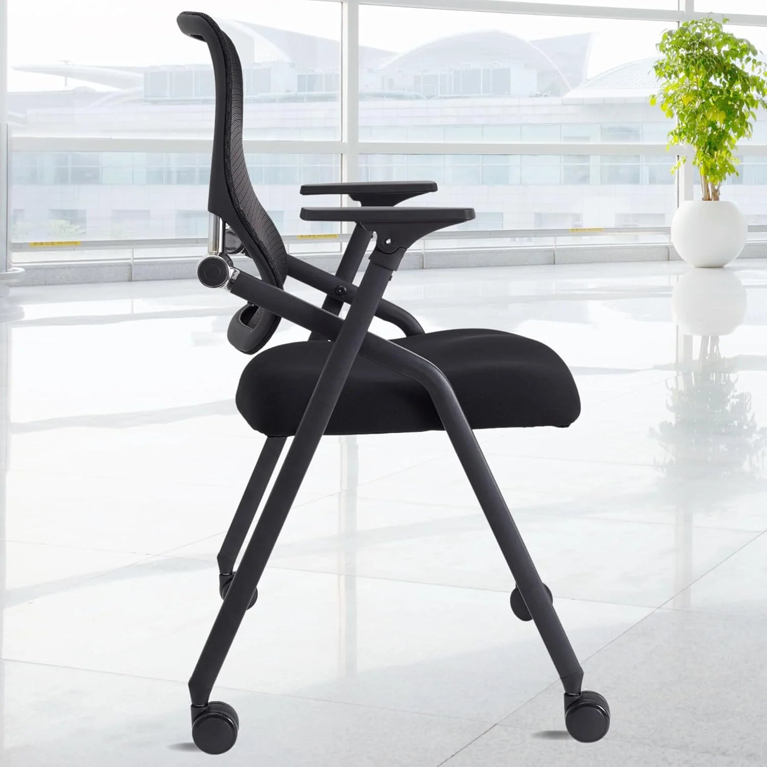 PRO, stapelbare en opvouwbare vergaderkamerstoelen met 2x dik kussen, lendensteun, armleuning - mesh stuiterende rug voor kantoorvergaderingen, conferenties, trainingskamerstoel, 1 pak(10 Pack)