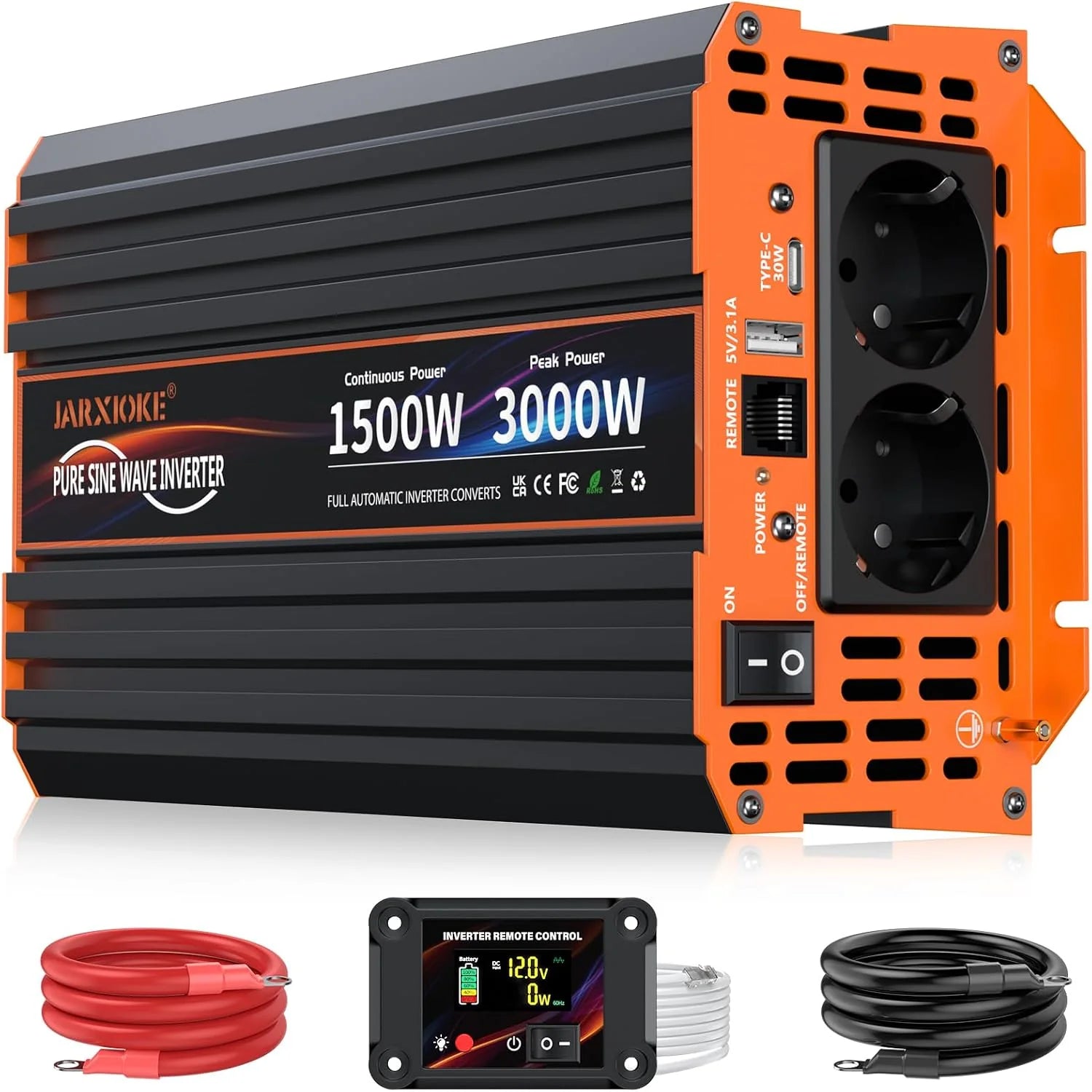 3500 W-omvormer 12V naar 230V zuivere sinus met overschakelingsschakelaar, off-grid-omvormer met ATS, met uitgangs- en ingangs-AC-aansluiting/AC-stopcontacten/LCD-afstandsbediening/inverter voor(12V 1500W)