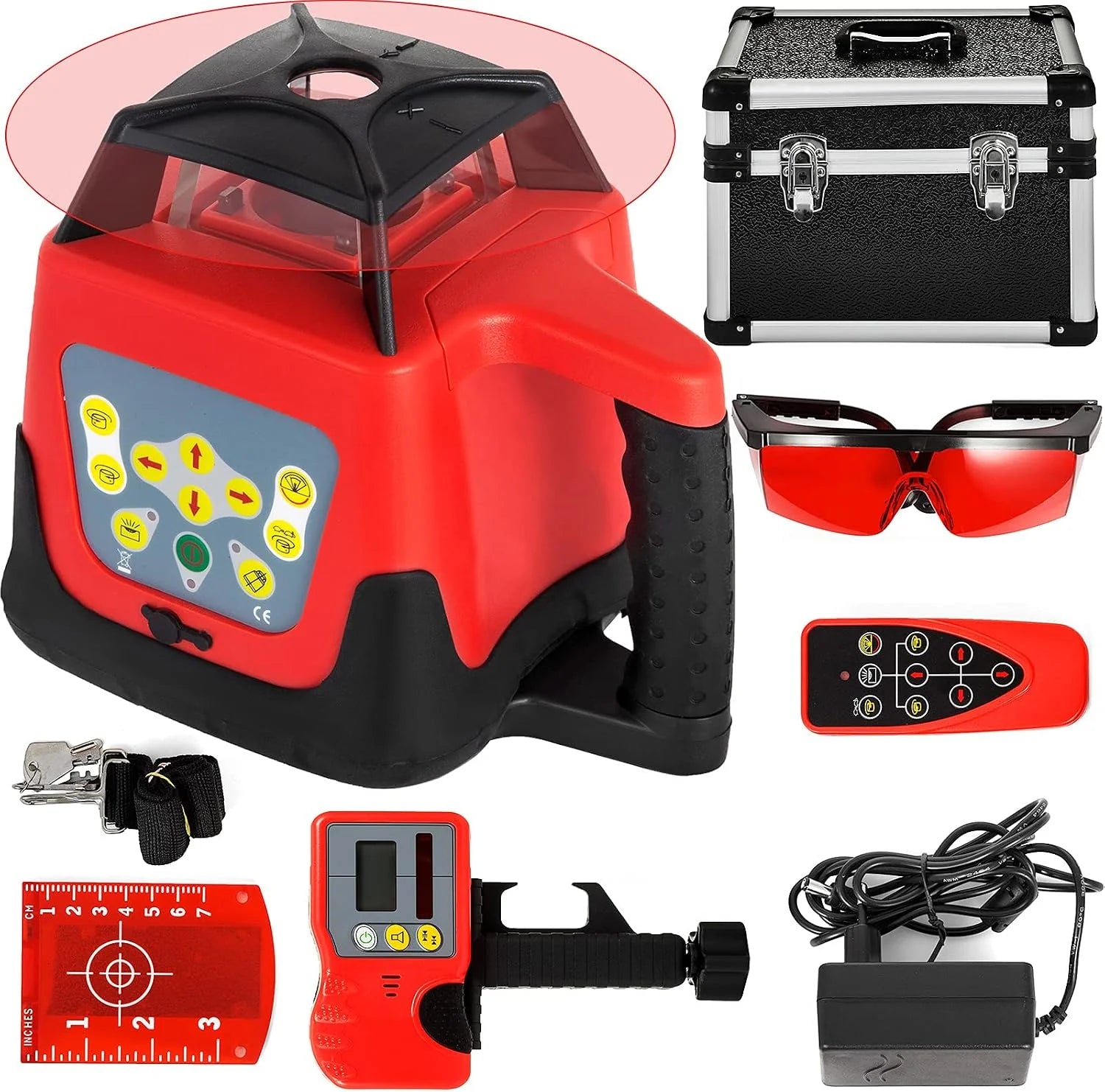 VEVOR Professionele Roterende Laser max. Werkgebied 500 m rood, Lijnlaser 360 Graden Laser hoogtemeter Water- en stofdicht Buitengebied Werktijd 20 Uren met Statief  Meetlat Elektriciteit(rood)