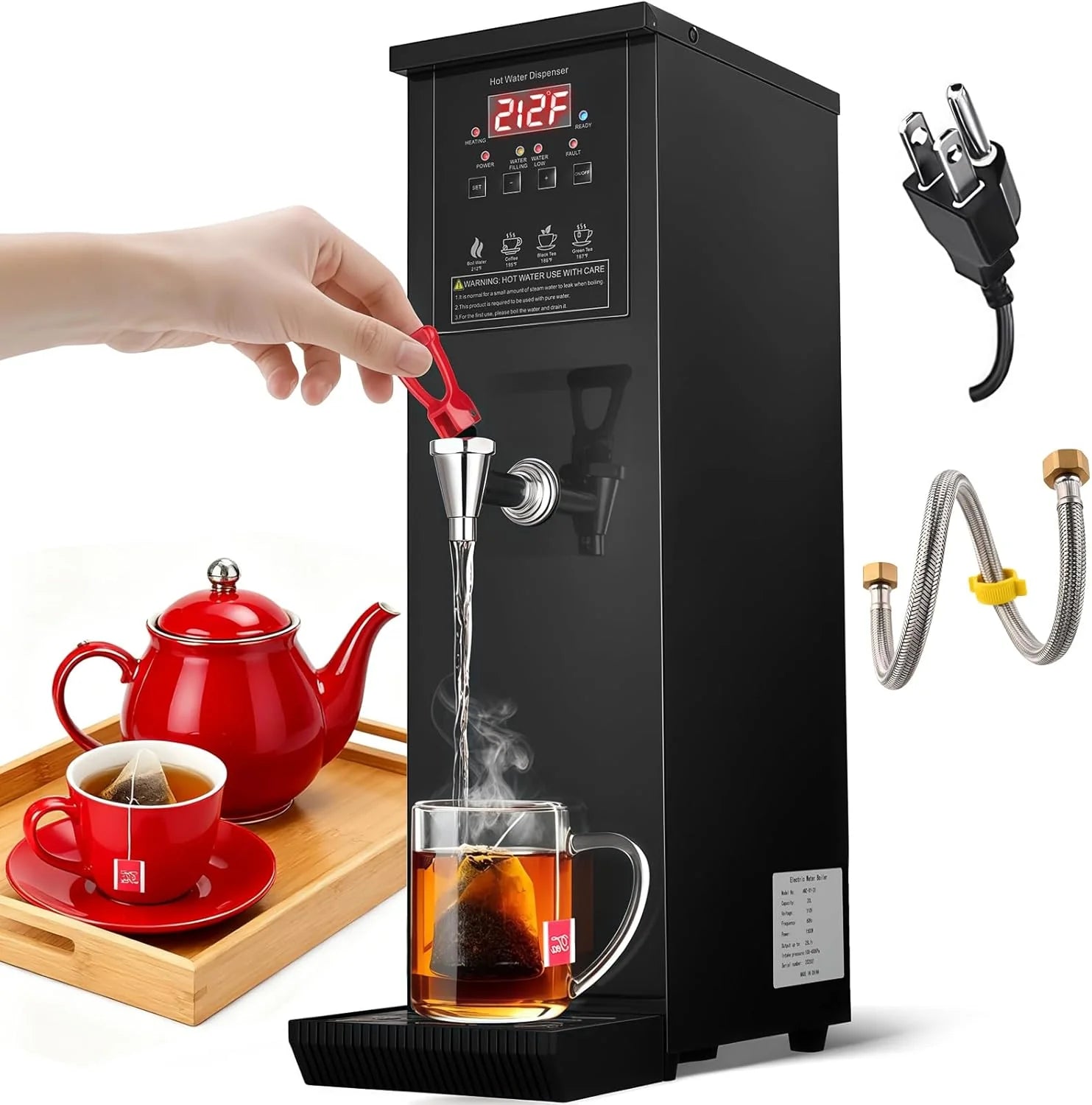 Commerciële warmwaterdispenser commerciële waterketel aanrecht automatisch vullend water warmwatermachine stapverwarming 80-222 ° F verstelbaar voor Boba Thee Kantoor Restaurant Hotel Zwart 1500W