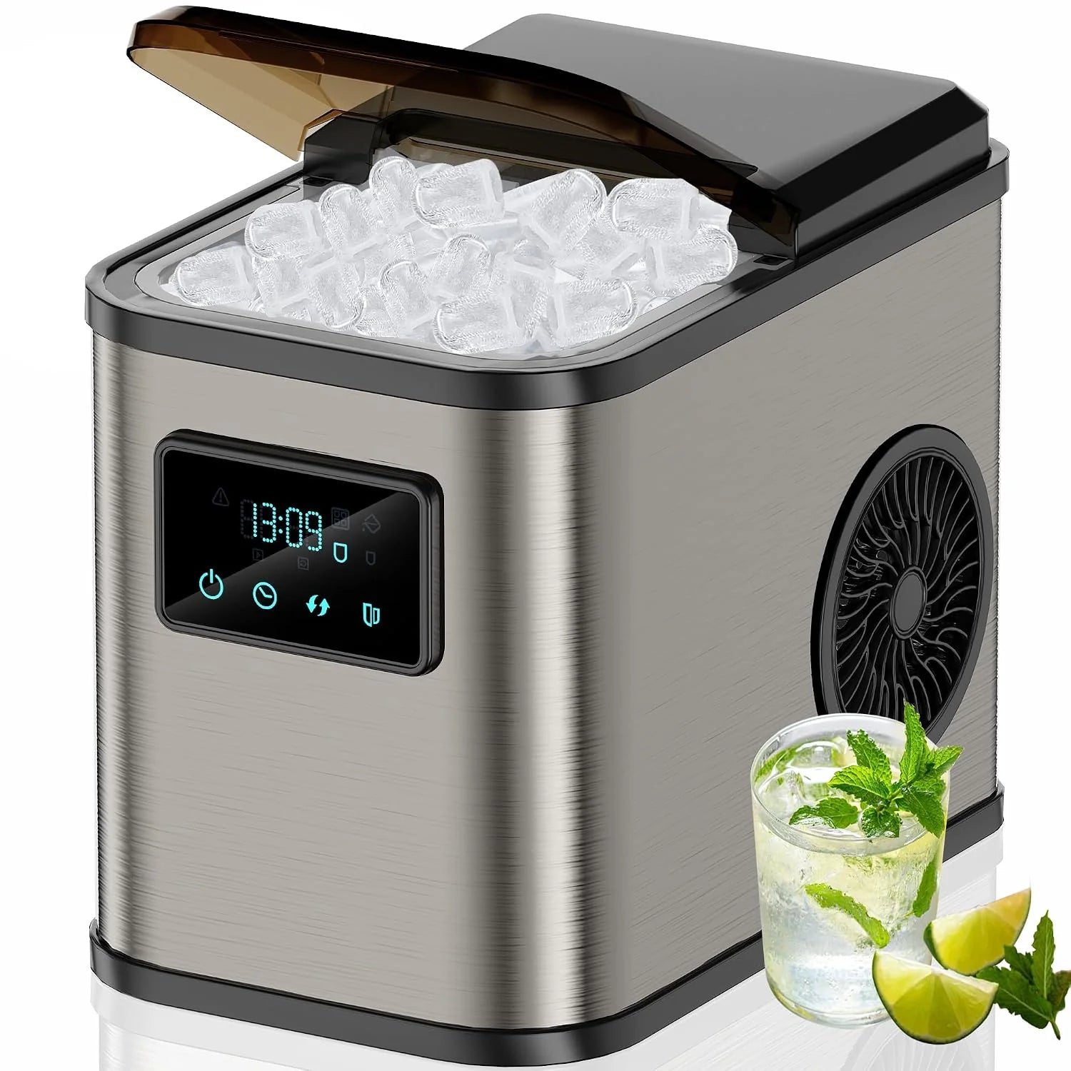 Roestvrijstalen ijsblokjesmachine met led-display, ijsmachine en reinigingsfunctie, waterreservoir van 2 liter, inclusief ijsschep en mand, 2 maten voor keuken, kantoor, bar en feest