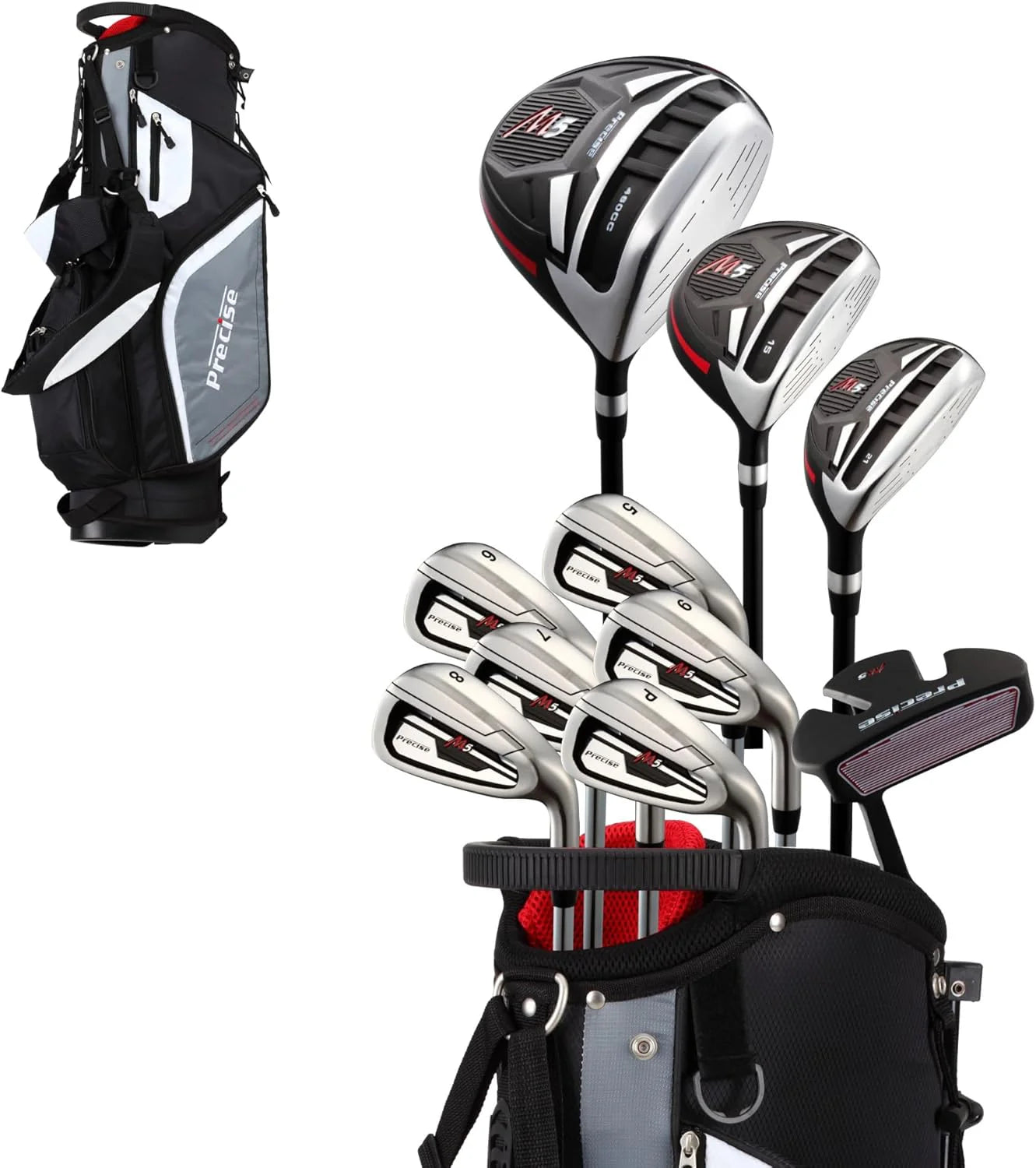 Precieze M5 Complete golfclubpakket voor heren, inclusief titanium driver, S.S. Fairway, S.S. Hybrid, S.S. 5-PW ijzers, putter, standbag, 3 H/C's (linkerhand hoog maat +1 inch)