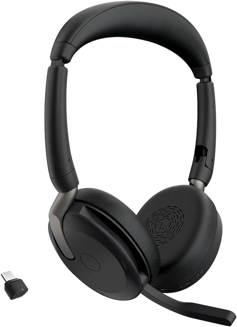 Jabra Evolve2 65 Flex - stereo headset met Bluetooth, draadloos oplaadstation, noise cancelling Jabra ClearVoice-technologie en hybride ANC - Gecertificeerd voor MS Teams - zwart(zwart/USB-C dongle/Alle platforms)