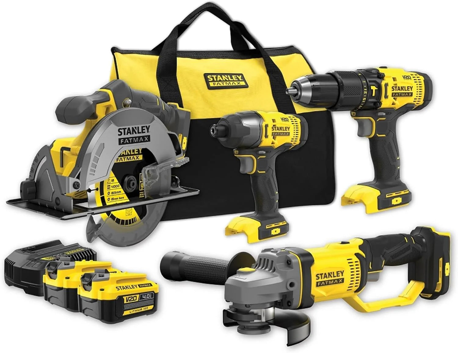 STANLEY FATMAX SFMCK469M2-QW combi-set V20, 18 V, bestaande uit slagboormachine, handcirkelzaag, haakse slijper, slagschroevendraaier, oplader en 2 x 4,0 Ah accu's