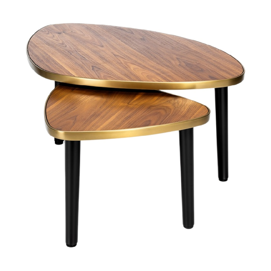 **Moderne Houten Salontafels met Gouden Rand – Set van 2**
