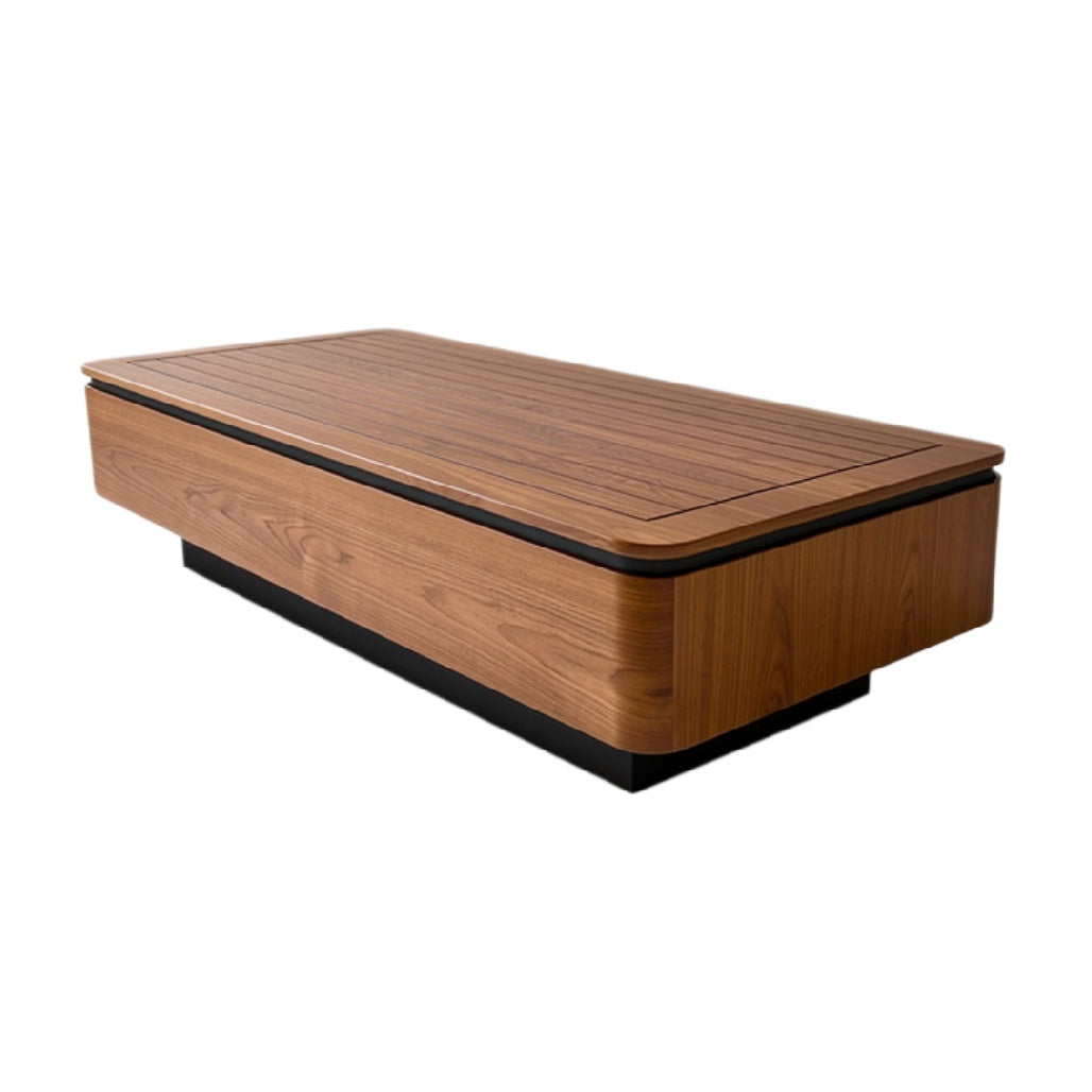 Moderne houten salontafel met zwart accent en minimalistisch ontwerp