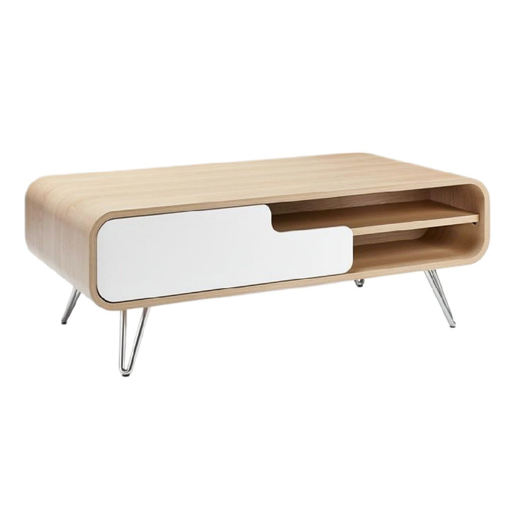 Moderne Salontafel van Hout met Wit Ladesysteem en Metalen Poten