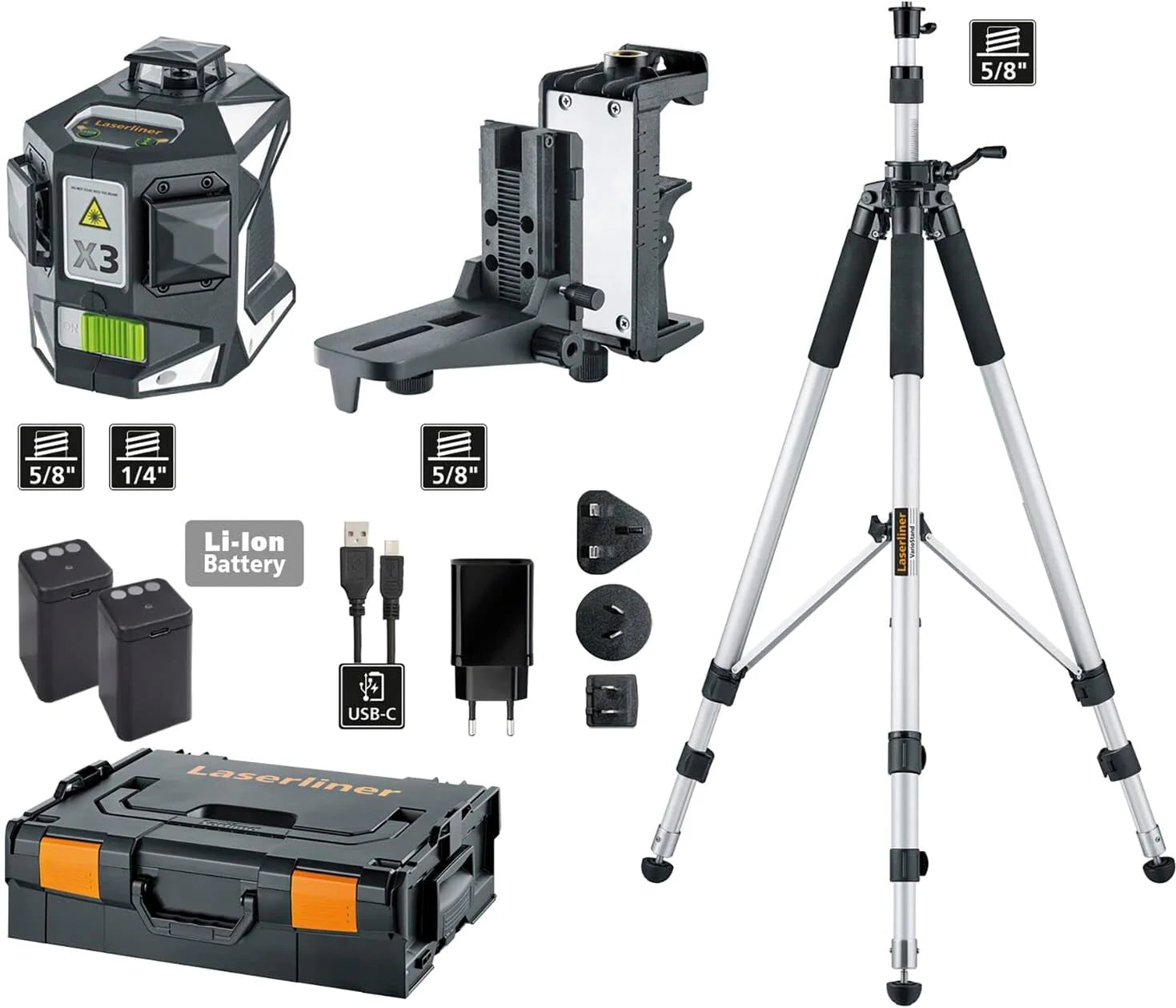 Umarex Laserliner X3-Laser Pro Professionele kruislijnlaser (driedimensionale laser, horizontaal + verticaal, lasermeter met accu, soldeerfunctie, geïntegreerde handontvangermodus)