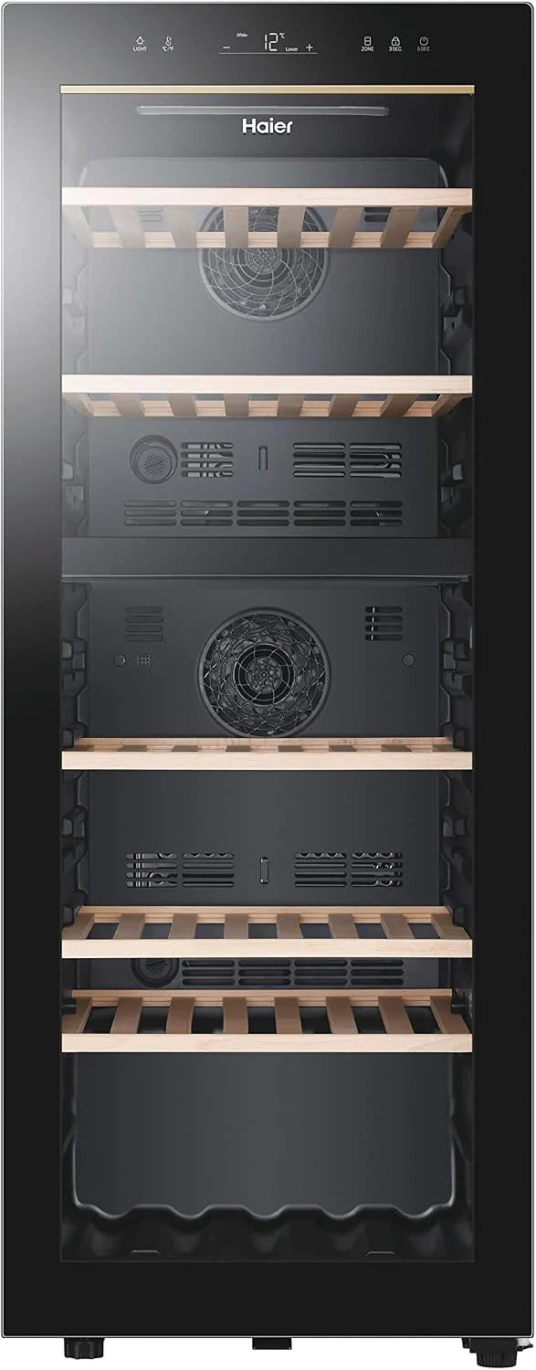 Haier HWS79GDG Wijnkoelkast, 79 flessen, 127 cm hoog, hOn-app, 2 zones, uv-bestendige glazen deur, 5 houten planken, 3D-led-verlichtingssysteem, trillingsarme compressor, zwart(Dual Zone/Stijl: dual-zone)