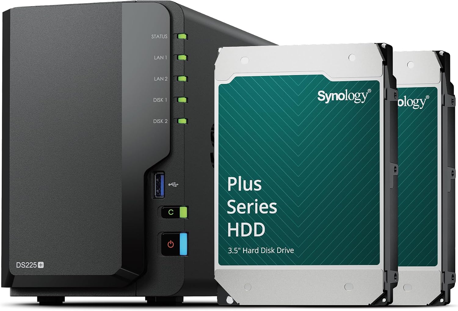 Synology DS225+ 2-bay discstation NAS (Intel Celeron J4125 4-Core 2.0GHz 2GB DDR4 RAM 2xRJ-45 1GbE LAN-poort) 8TB bundel met 2X HAT3300-4T