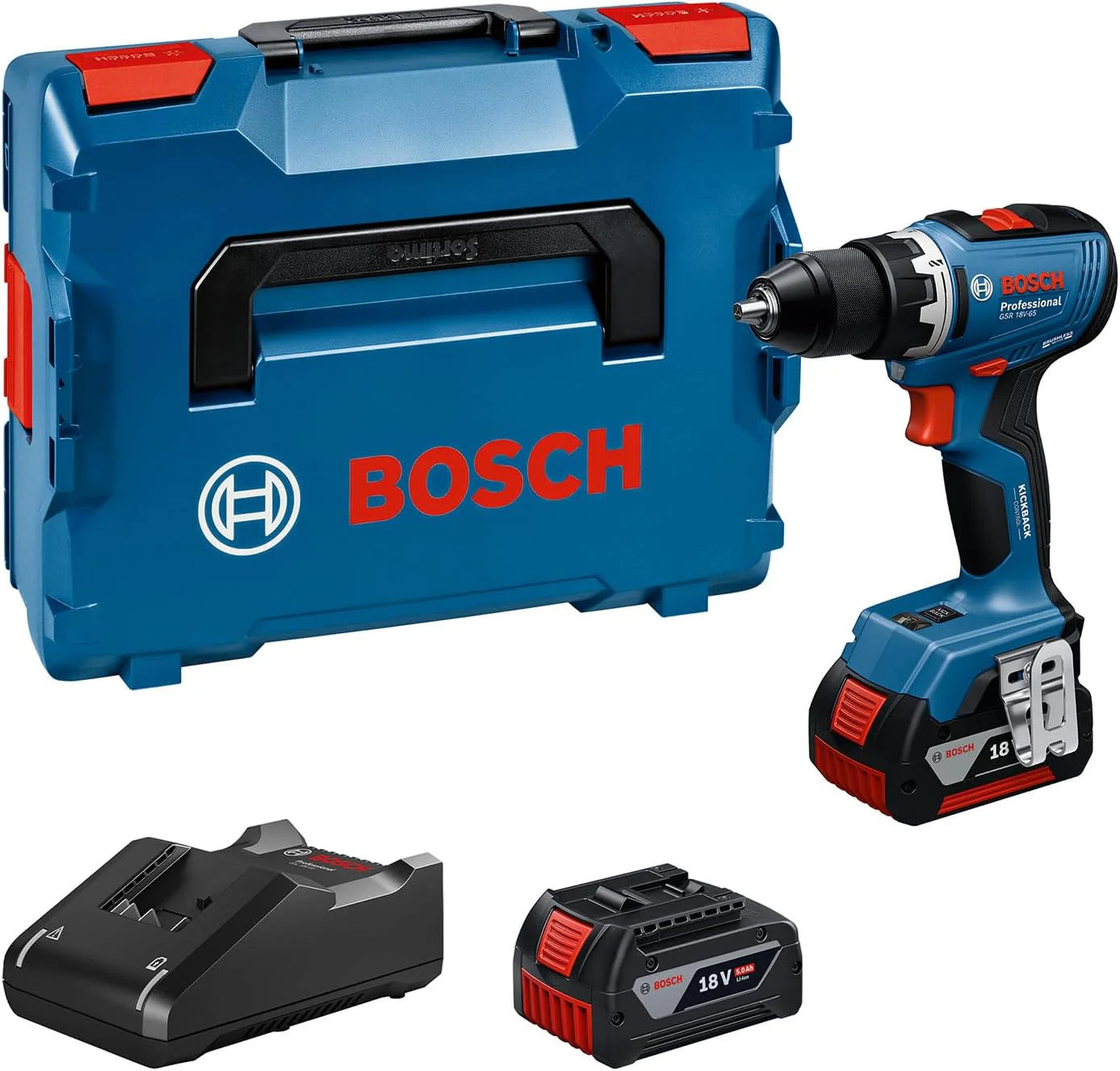 Bosch Professional 18V System accuschroefboormachine GSR 18V-65 (borstelloze motor, koplengte 166, incl. 2 x GBA 18V 5.0Ah-accu's, oplader GAL 18V-40, L-BOXX)