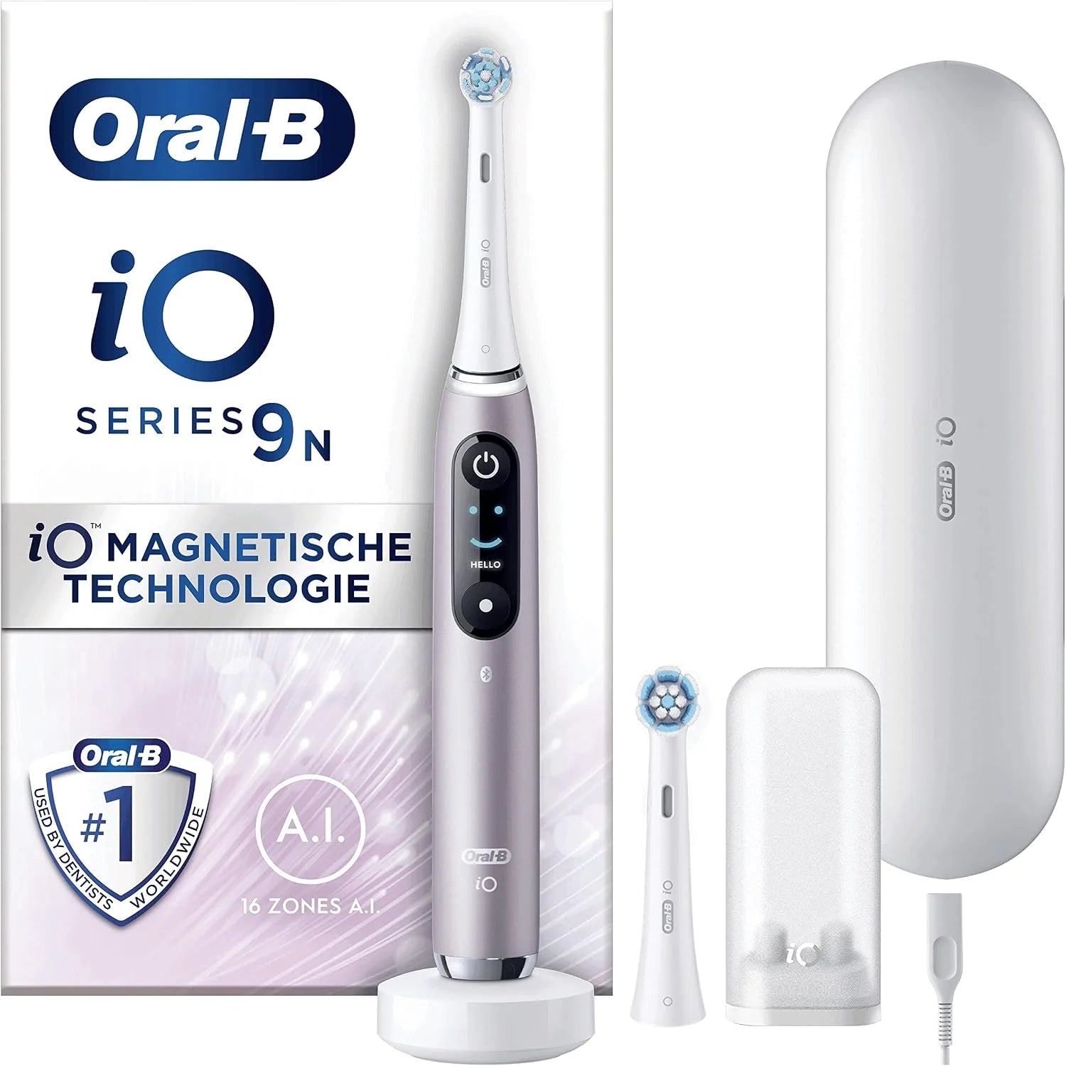 Oral-B iO 9N Roze Quartz Elektrische Tandenborstel, 2 Opzetborstels, 1 Oplaadreisetui, Ontworpen Door Braun