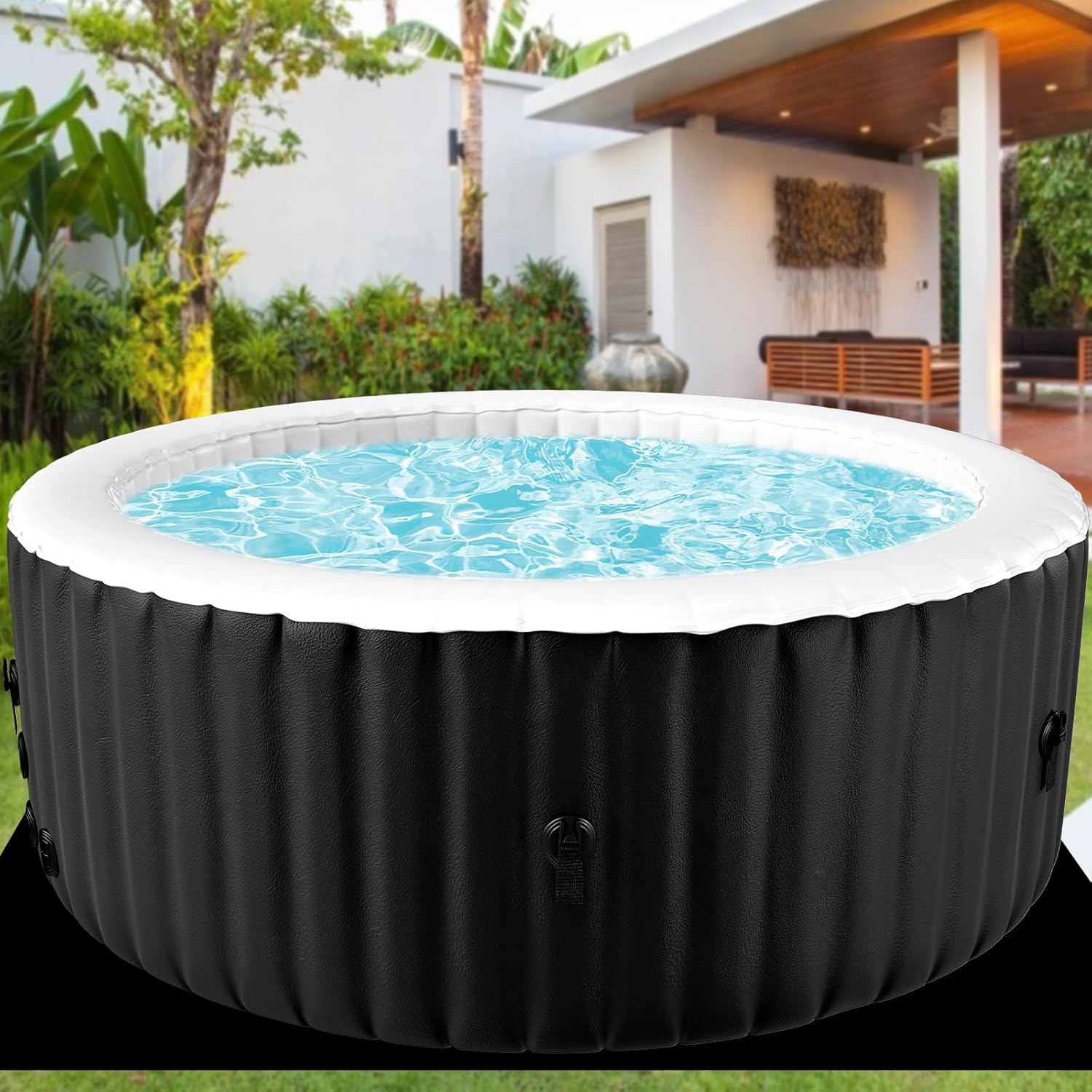 Opblaasbare hot tub voor 2-4 personen, 190 x 120 x 63,5 cm, 2400 W, opblaasbare badkuip, met luchtopeningen, geïsoleerd deksel, mat en verwarmingspomp, voor binnen, buiten, spa, zwembad (elliptisch)(Zwart/180x180x63.5cm)