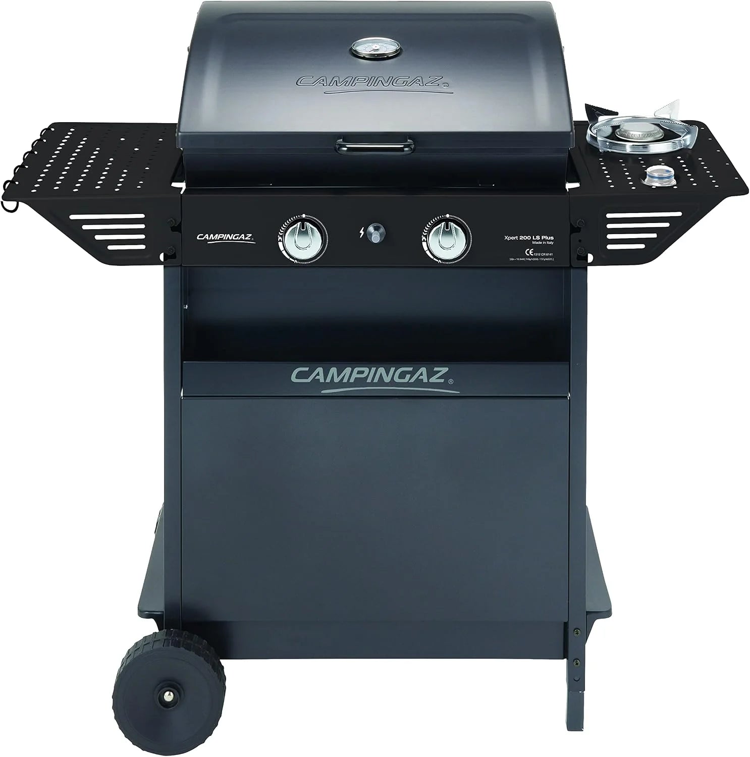 Campingaz Xpert 200 LS Plus Rocky gasbarbecue van lavasteen, BBQ trolley met 2 branders en 1 lat-brander, afdekking + thermometer, lat. kantelbare plank, pot 8,200 kW + 2,1 kW brander lat.