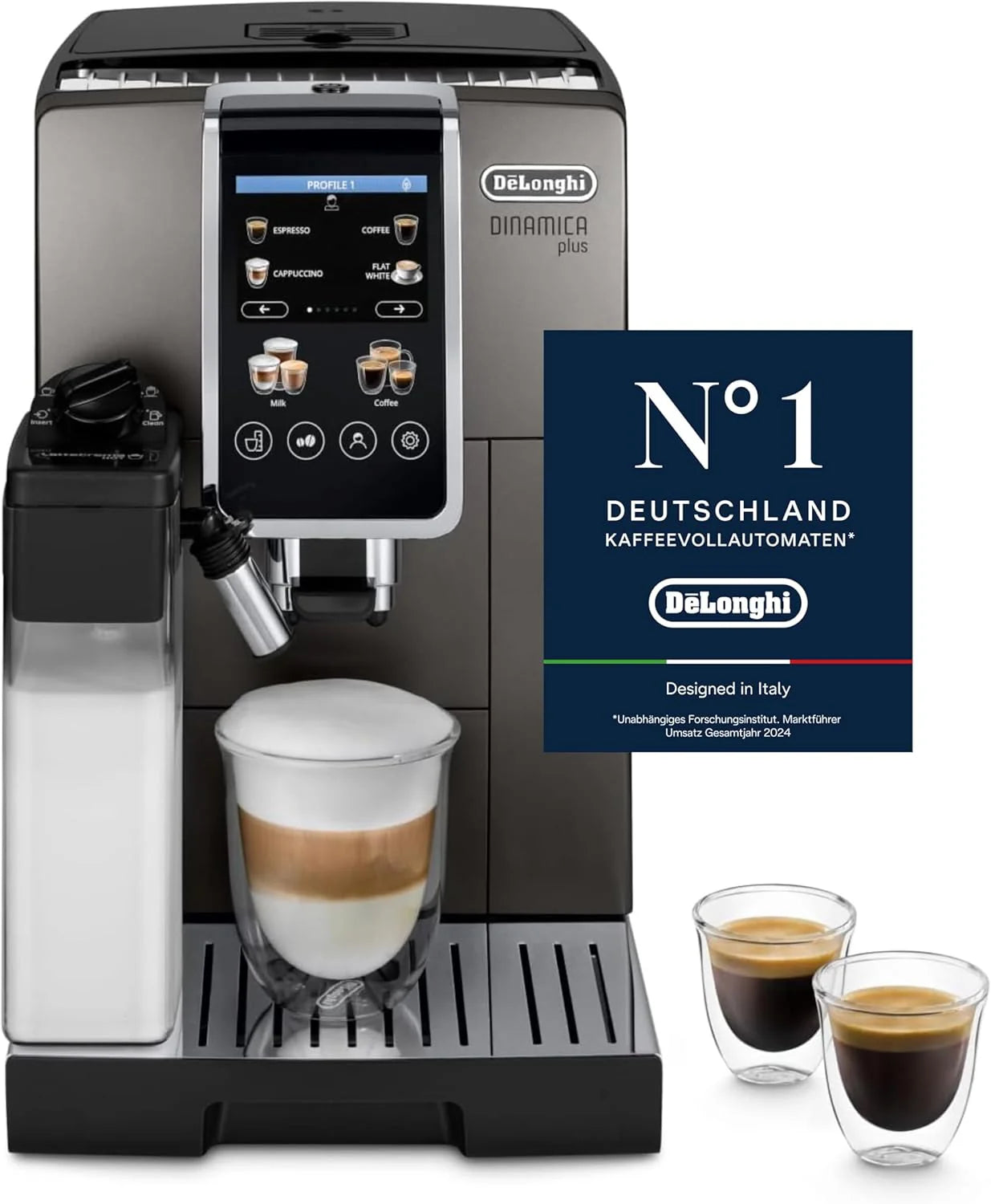 De'Longhi Dinamica Plus ECAM380.95.TB Volautomatische espressomachine met melkcrème, one-touch cappuccino, met 24 recepten, 3,5 inch TFT-kleurendisplay, 1450 W, titanium/zwart