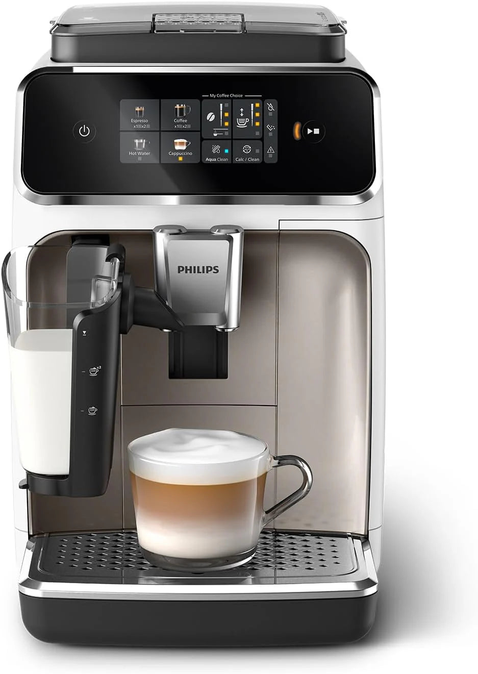 Philips 2300-Serie Volautomatische Espressomachine - 4 Dranken, Modern kleurentouchscreen, LatteGo-melksysteem, SilentBrew, Keramische Molen, AquaClean-Filter. Wit Chroom (EP2333/40)