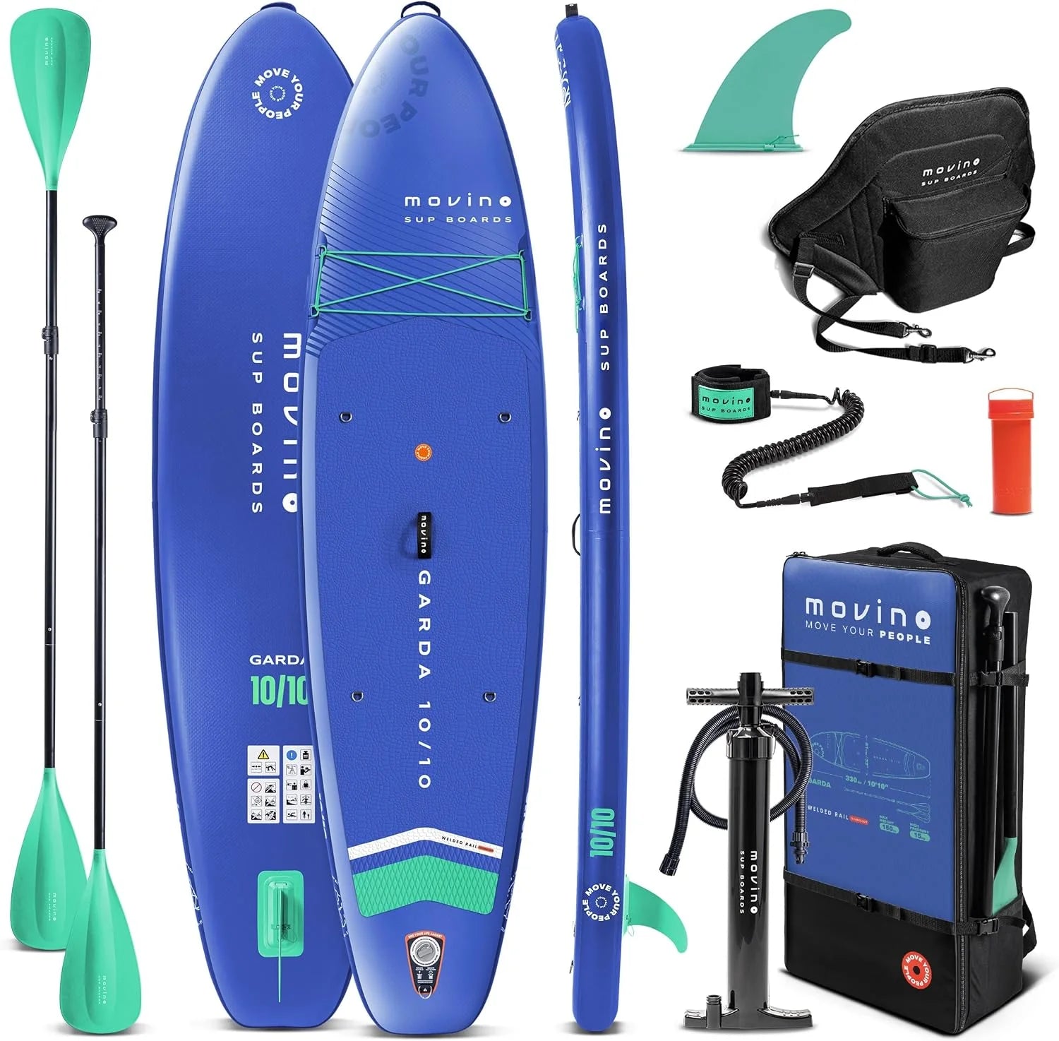Movino Garda Allround SUP  Kajak Set 2-in-1 – 330 cm (10'10") Opblaasbaar Stand Up Paddle Board met Kajakzitje, Dubbele Peddel, Pomp  Rugzak – Ideaal voor Beginners – Watersport(BLAUW/MINT)