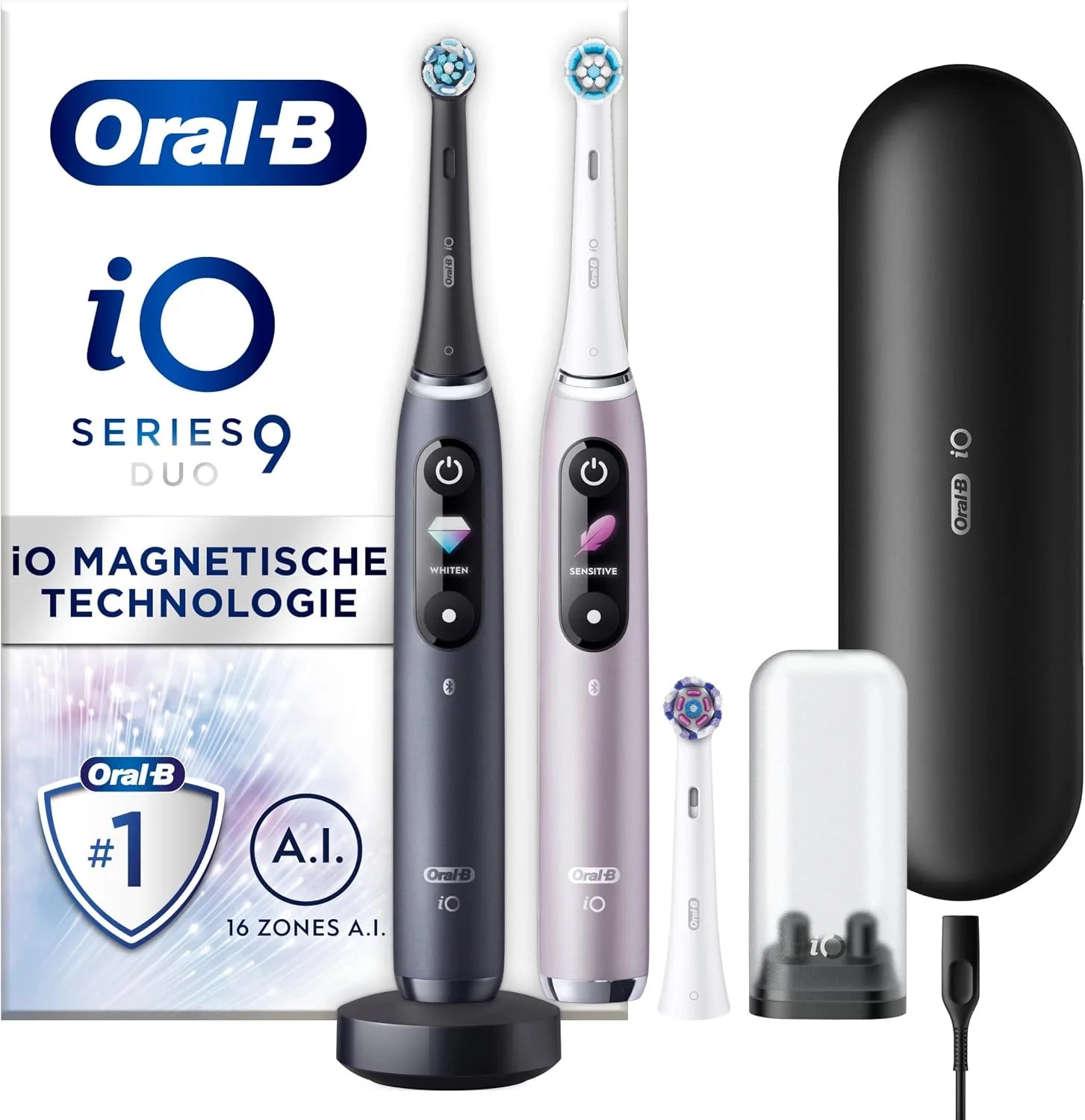 Oral-B iO 9 oplaadbare elektrische tandenborstels, zwart en roze handvat, Bluetooth, met revolutionaire magnetische technologie, 3 borstels, 1 reisetui