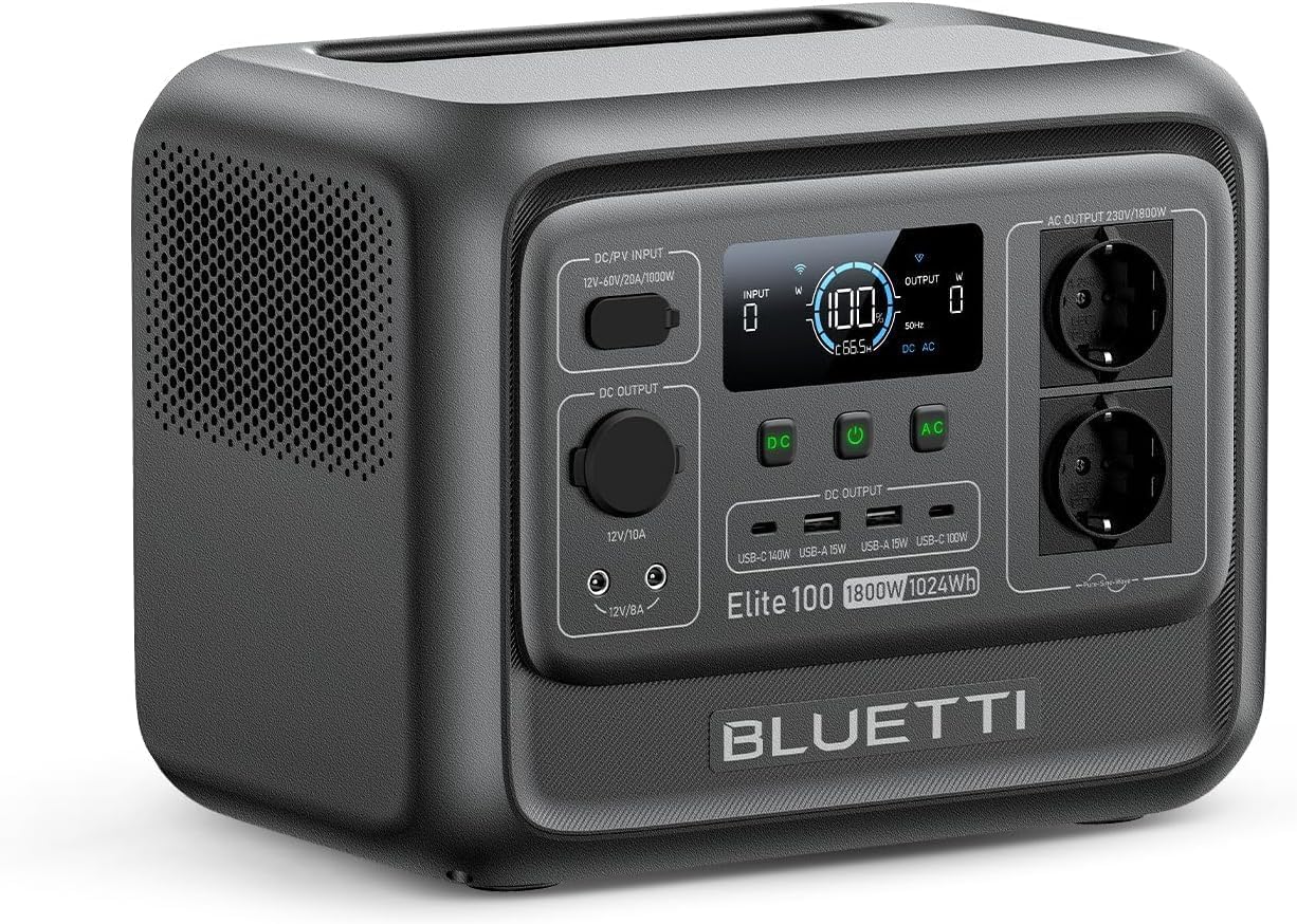 BLUETTI Elite 100 V2 zonne-generator, 1024Wh LFP-batterijback-up met 2 1800W AC-uitgangen (3600W piek), 35% kleiner, draagbaar vermogen voor kamperen, uitval en UPS-back-up (zonnepaneel optioneel)(BLUETTI Elite 100 V2)