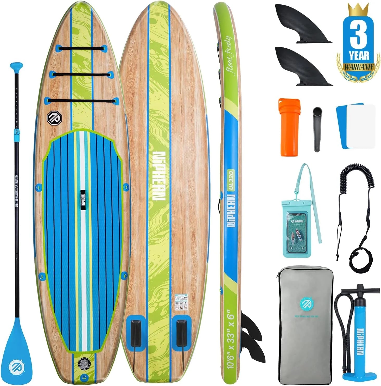 Niphean SUP Board met Zitje en Accessoires, 320cm Stand Up Paddle Board voor Alle Niveaus, SUP met 200kg Draagkracht voor 2 Personen, Opblaasbare Paddle Board voor Volwassenen(Groen hout)