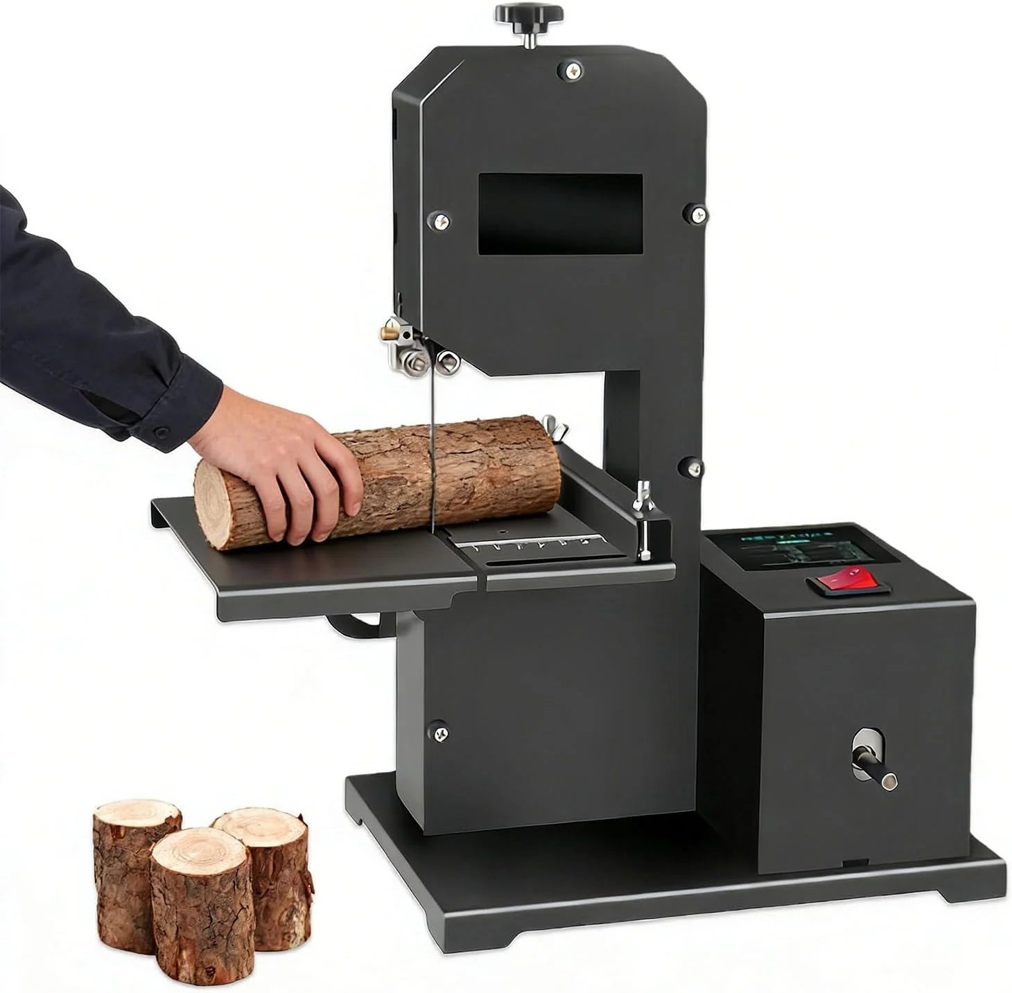 Robuuste tafelbandzaag, 800W vermogen, maximale zaagdiepte 70 mm, verstelbare metalen tafel, 1750 tpm, voor het zagen van hout, metaal en schuim.(StandardEdition)