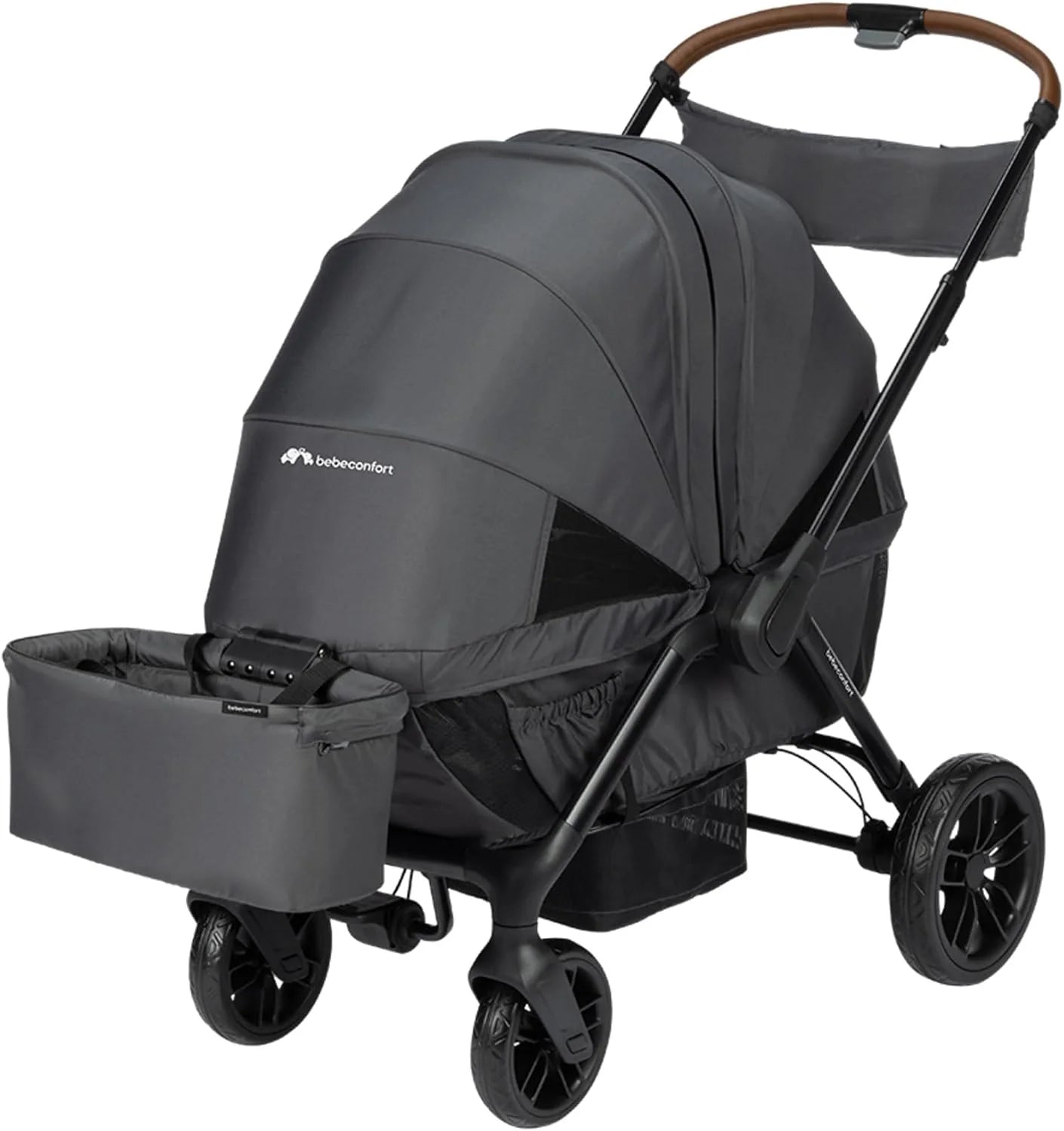 Bebeconfort Mane, Duo kinderwagen, 0 tot 22 kg, Automatic Fold, Lie-Flat Seat, Draaibare Veiligheidsbeugel, 5-Punts Gordel, Mesh Venster, Inclusief Regenhoes, Opbergmand (8 kg), Mineral Graphite(Helios)