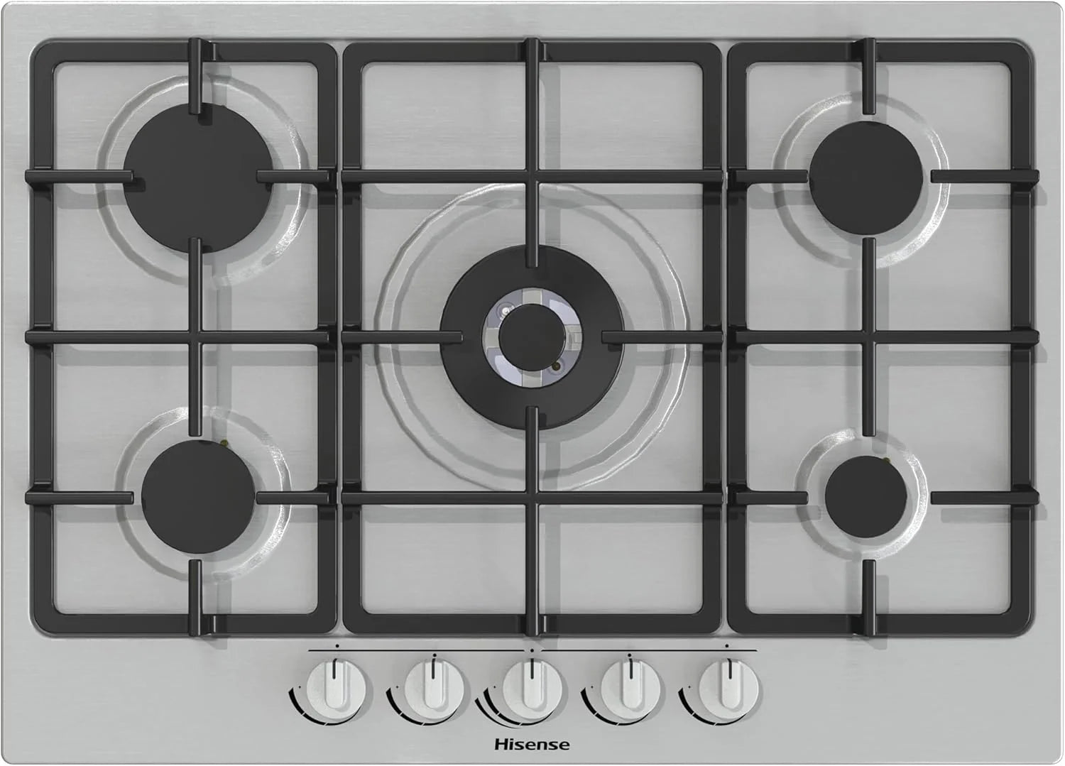 Hisense GM973XF Gaskookplaat, 5 kookzones, breedte 90 cm, gietijzeren grillroosters, geïntegreerde ontsteking, roestvrij staal, anti-vingerafdruk, wokbrander 86 x 51 x 9 cm(Grillroosters van gietijzer)