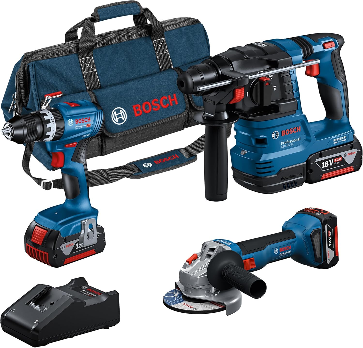 Bosch Professional 18V System accu-combiset: GSB 18V-45 + GBH 18V-22 + GWS 18V-8 (met 3 x GBA 4,0 Ah, GAL 18V-40, gereedschapstas) - Amazon Exclusive