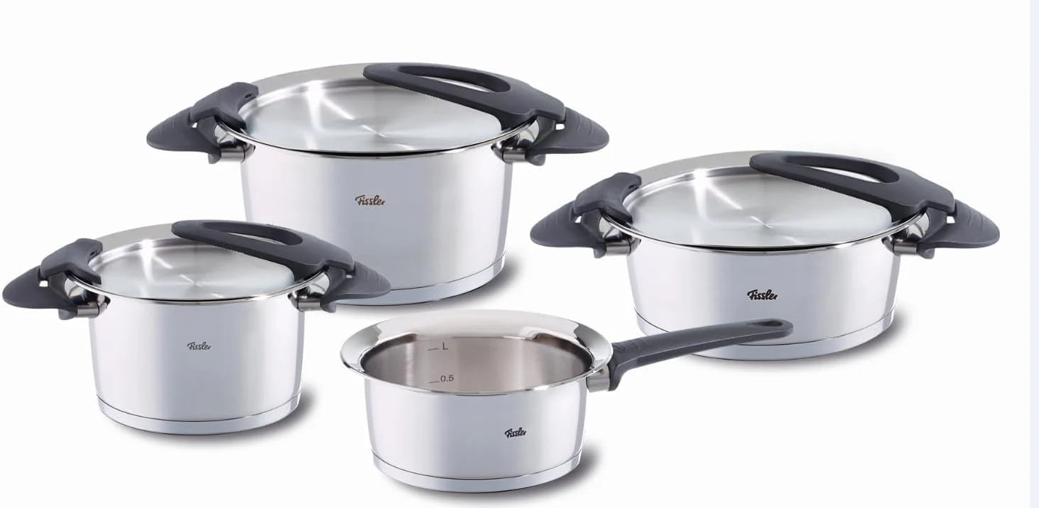 Fissler intensa/roestvrij stalen pannenset, 5-delig, kookpannenset, potten met deksel, stapelbaar, gietshulp, inductie, alle warmtebronnen (3 kookpannen, 1 braadpan, 1 steelpan zonder deksel)(4-teilig/2 kookpannen, 1 braadpan, 1 steelpan)