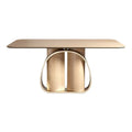 Technische Titel in het Nederlands: **Moderne Houten Eettafel met Uniek Onderstel**