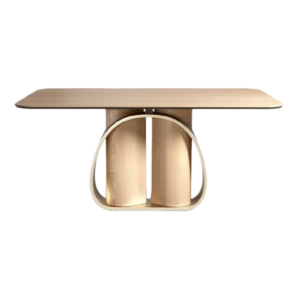 Technische Titel in het Nederlands: **Moderne Houten Eettafel met Uniek Onderstel**
