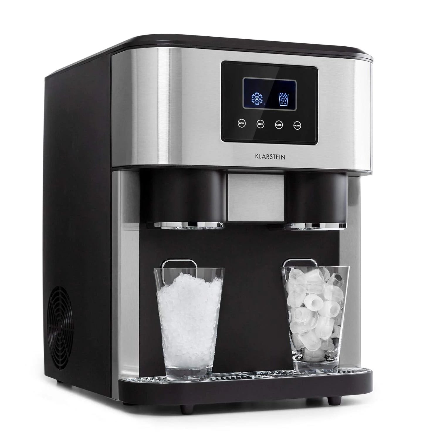Klarstein Eiszeit Crush Ice Cube Machine - 3-In-1: Ijsklontjes, Crushed Ice, Ijswater, 2 Maten Ijsklontjes Sizes, 15-18Kg / 24H, Lcd Display, Tank Capacitet: 1,8 Liter, Ice Capacity: 600G - Zilver