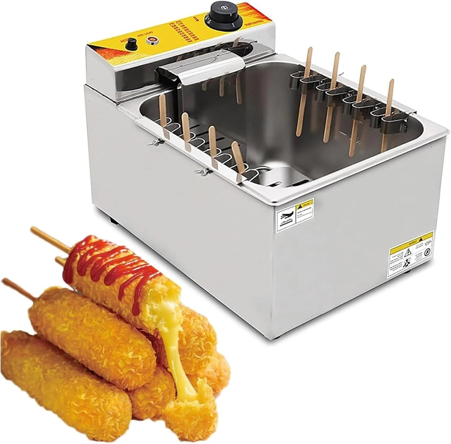 Commerciële corn dog frituurpan met afneembare haken, perfect voor de bereiding van snacks, gebruiksvriendelijk, zeer efficiënt, voor foodtrucks.