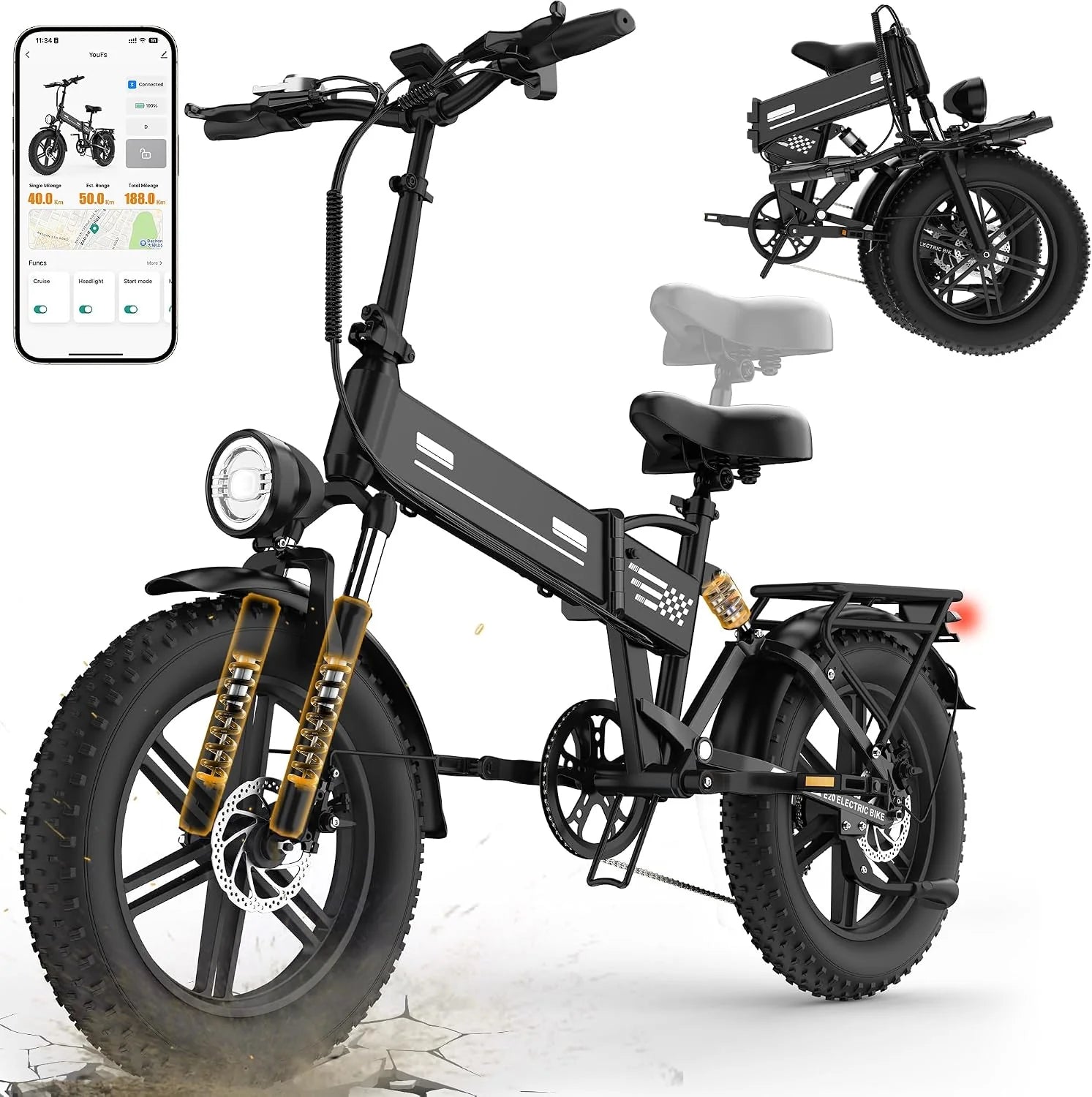 EGGKING Elektrische Fiets voor Volwassenen, 20" Dikke Banden E-Bike, 48V-17.5Ah Verwijderbare Batterij, 7 Versnellingen, Max 150kg
