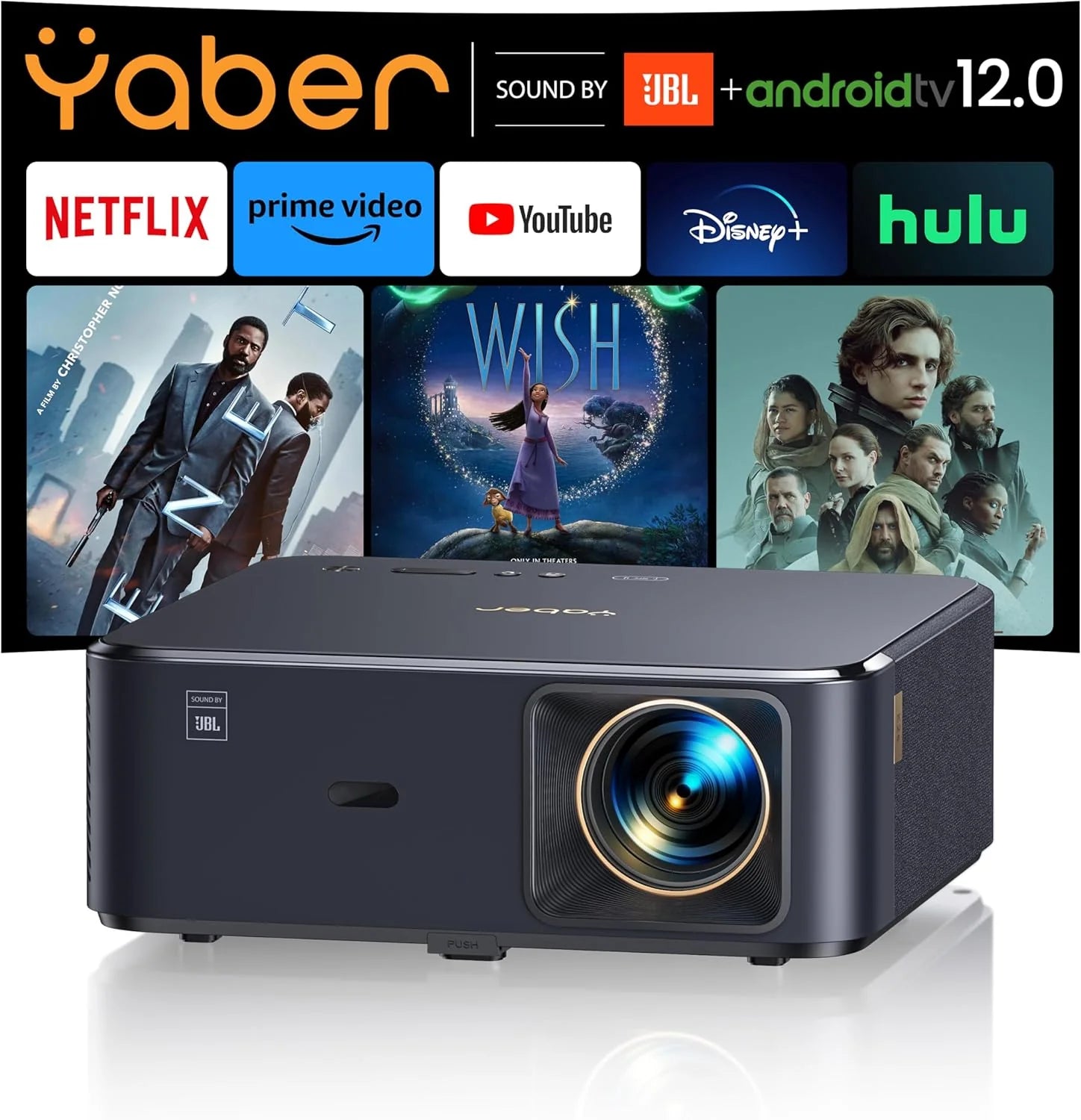 Beamer 4K met Android TV 12.0, Sound by JBL, Dolby audio, NFC, autofocus, automatische trapeziumcorrectie, WiFi6, Bluetooth, YABER K2s 1000 ANSI 1080p full HD-beamer, thuisbioscoop, outdoor, 300 inch(Zwart/29x27x12.6cm)