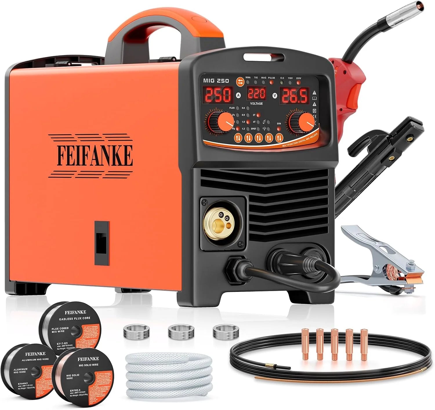 FEIFANKE Soldeerstation gevulde draad, 250 A, 230 V, 6-in-1, zonder gas, MIG/MMA/lift TIG/lassen punt/enkele puls IGBT inverter lasapparaat Mig zonder gas met snelle draadtoevoer gasbesturing