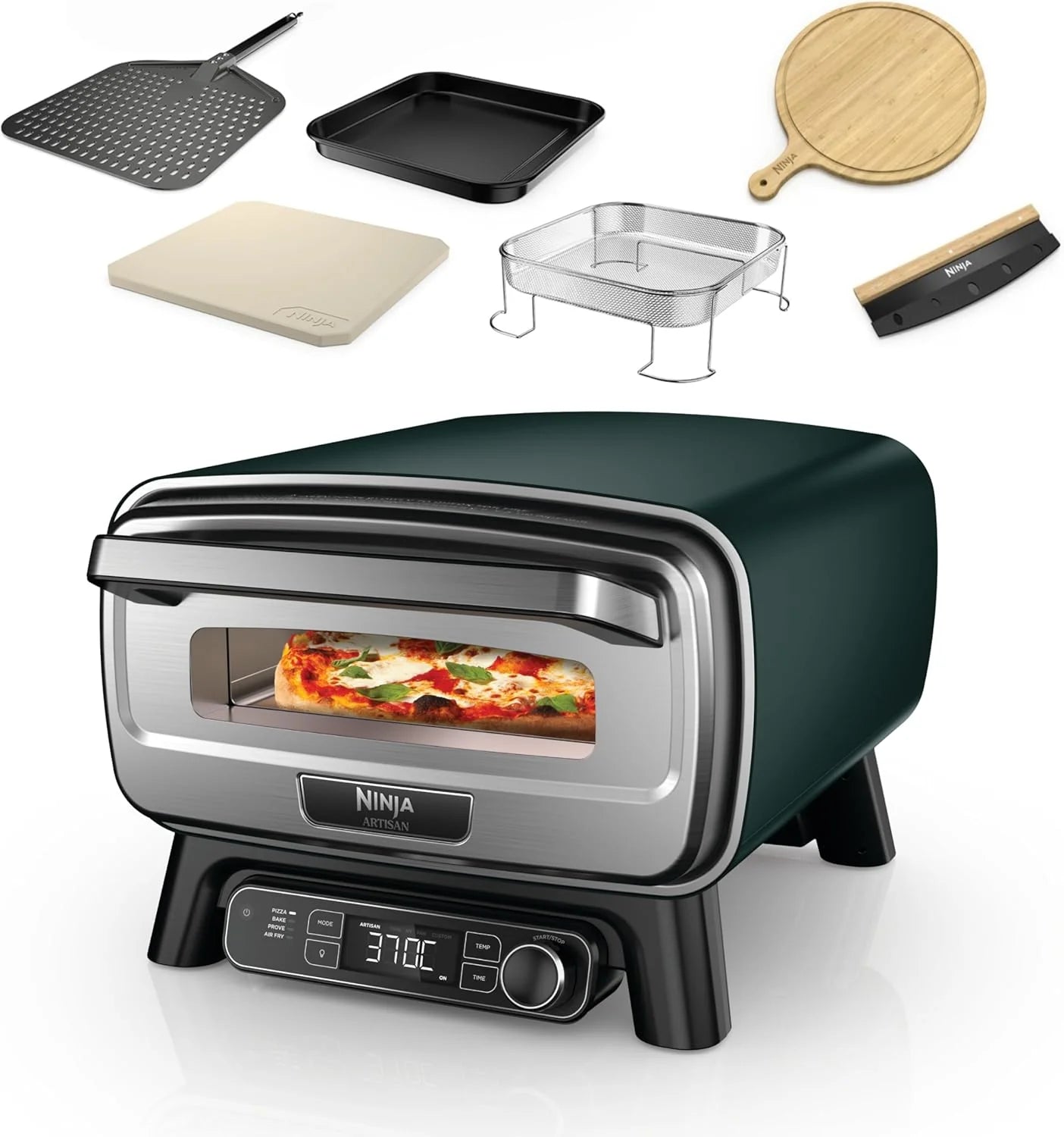 Ninja Artisan elektrische pizzaoven en airfryer met 4 kookfuncties, serveerplank, pizzasnijder, pizzasteen van 30 cm, pizzaschep, bakplaat en airfry-mand, Groen MO201AMZEU