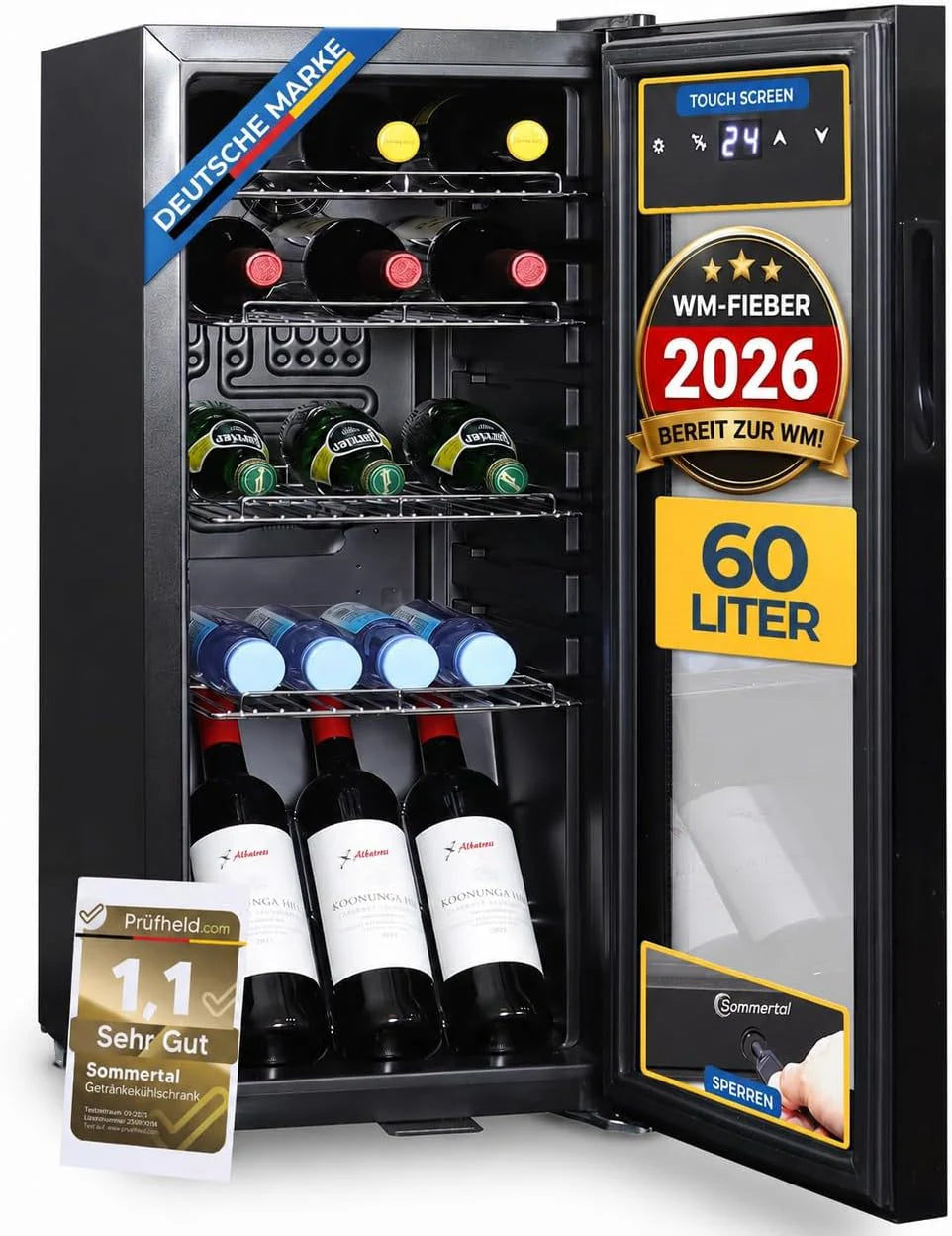 Sommertal GK100 Koelkast met glazen deur, stille drankkoelkast met led, touchscreen en slot, kleine flessenkoelkast, zwart, 100 liter(60 Liter)