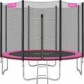 SONGMICS Buitentrampoline voor kinderen, diameter 183/244/305/366/427 cm, buitenbeschermingsnet, veiligheidskussen, ladder, rechte palen 180 cm hoog, stalen frame(305 cm/Zoet Roze)