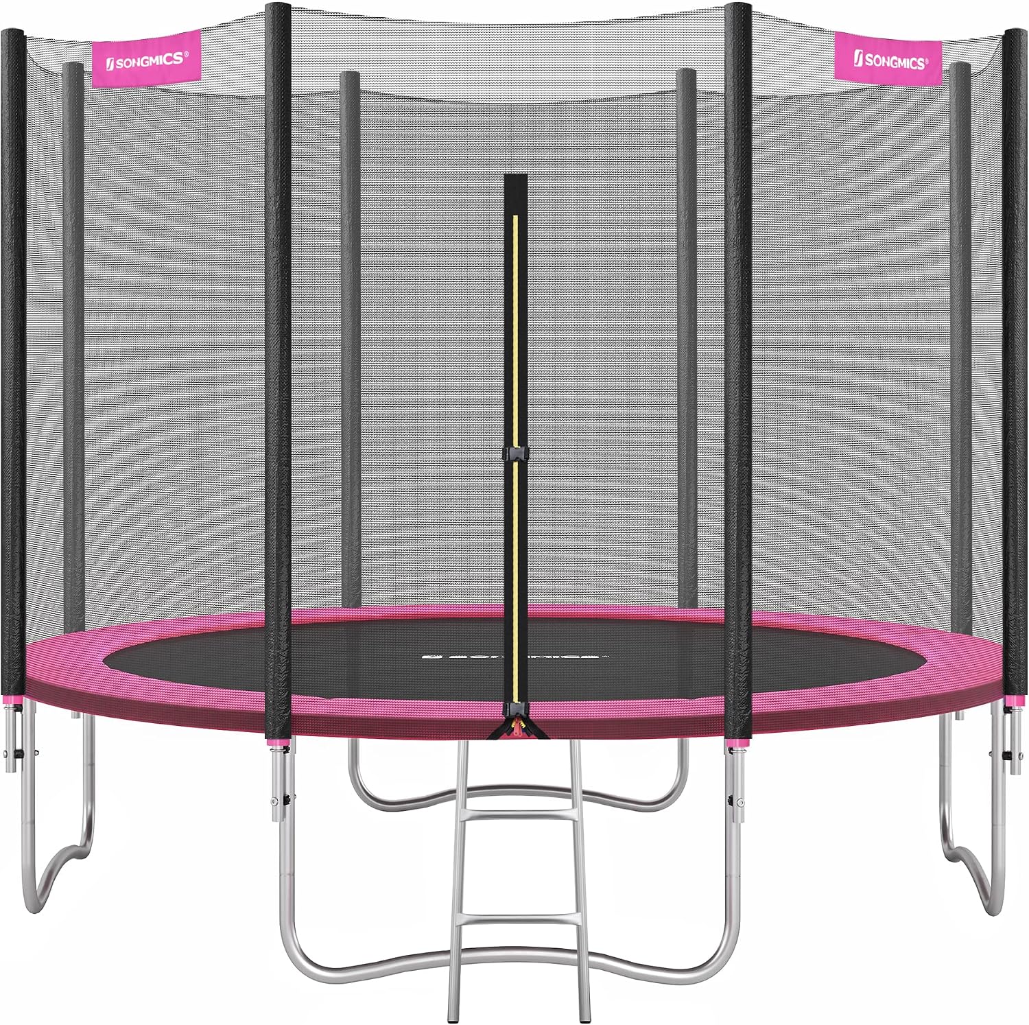 SONGMICS Buitentrampoline voor kinderen, diameter 183/244/305/366/427 cm, buitenbeschermingsnet, veiligheidskussen, ladder, rechte palen 180 cm hoog, stalen frame(305 cm/Zoet Roze)