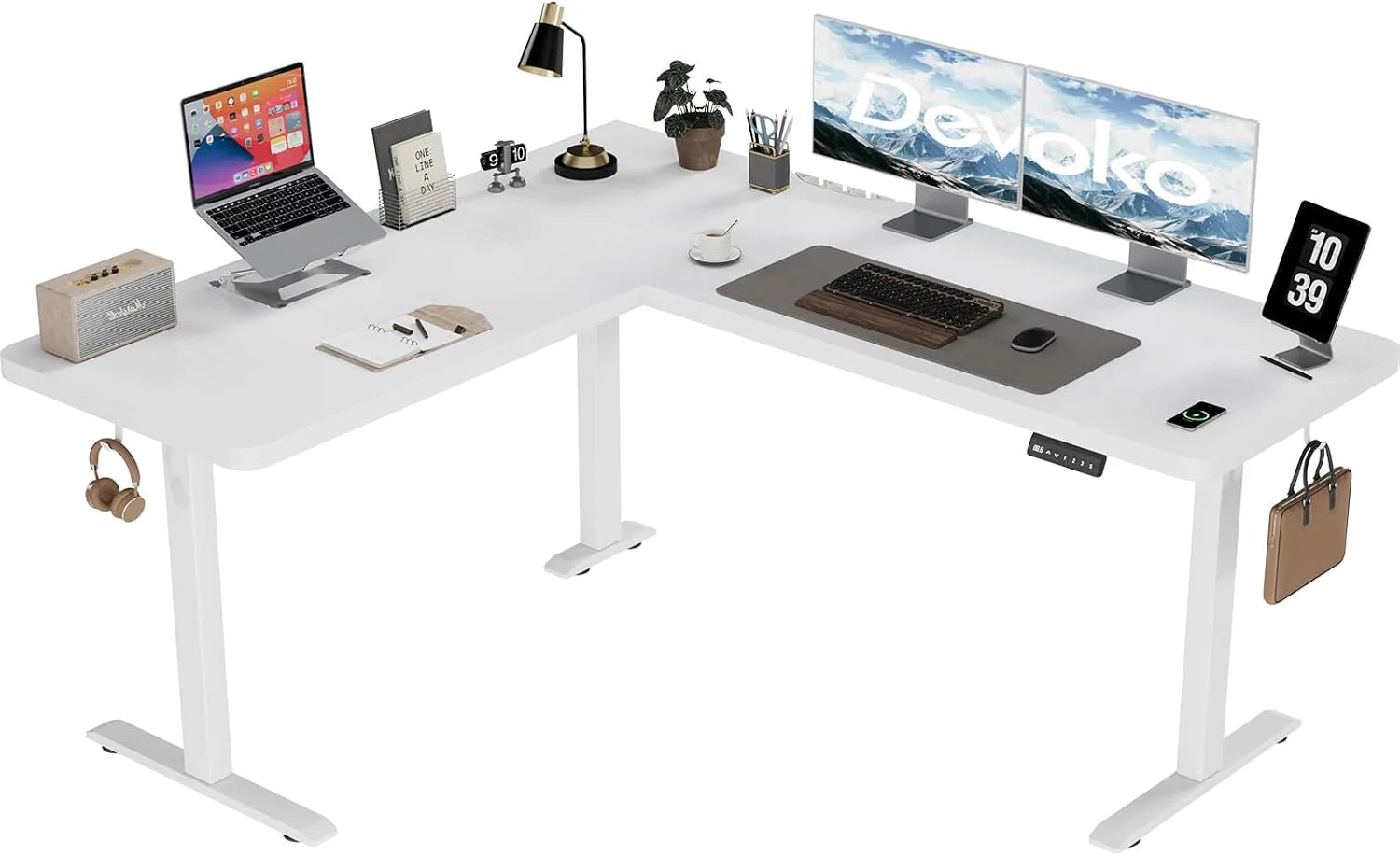 Devoko In hoogte verstelbaar bureau, L-vorm, 160 x 140 cm, L-vormig bureau, in hoogte verstelbaar, elektrisch, hoekbureau, ergonomische sta-zitting, tafel, computertafel (vintage bruin)(Wit/160 x 140 x 73 cm)