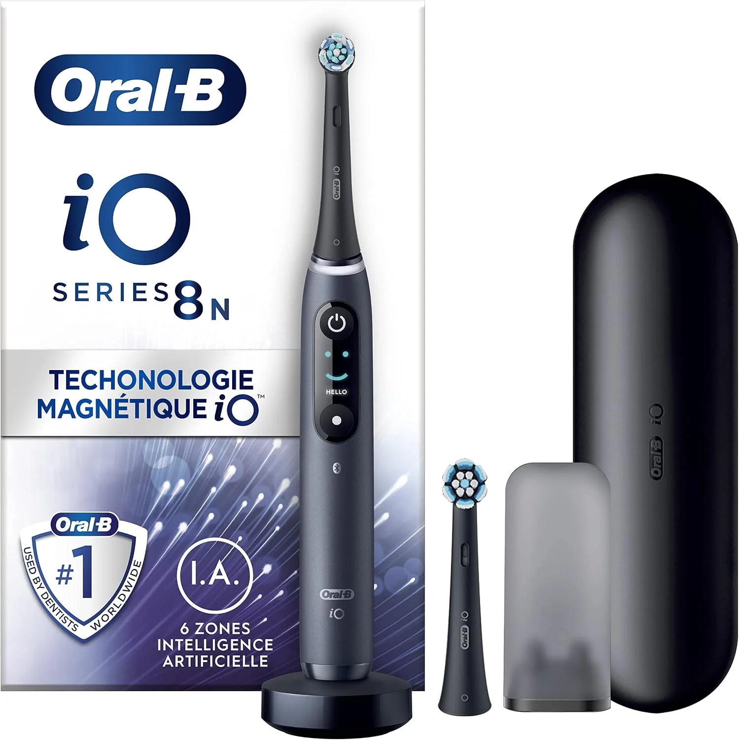 Oral-B iO 8N Elektrische tandenborstel met 2 borstelkoppen en 1 reisetui, ontworpen van bruin, originele geschenken, zwart