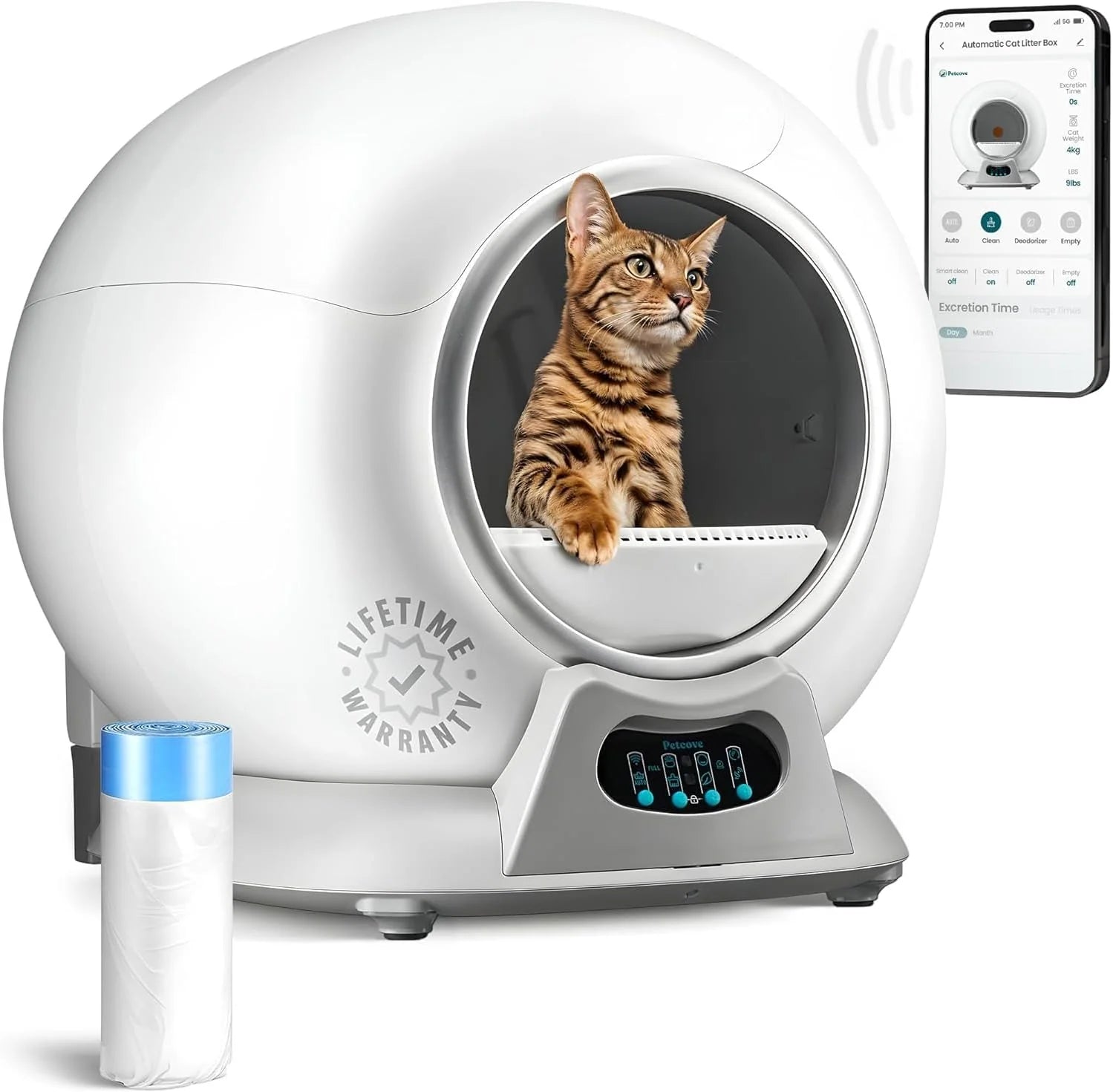 PetCove Zelfreinigende kattenbak, schepvrij afgedekte automatische kattenbak zelfreinigend voor meerdere katten Ultra Reiniging -Geurverwijdering- APP Control(Wit 3)