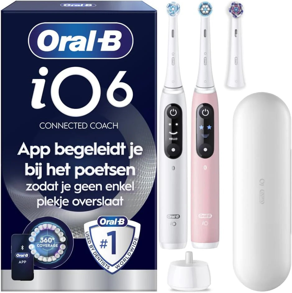 Oral-B Elektrische tandenborstel, duo-verpakking, witte en roze mouwen, 5 poetsmodi, waaronder witheid en tandvleesverzorging, druksensor, 3 vervangende Oral B-borstels, reisetui