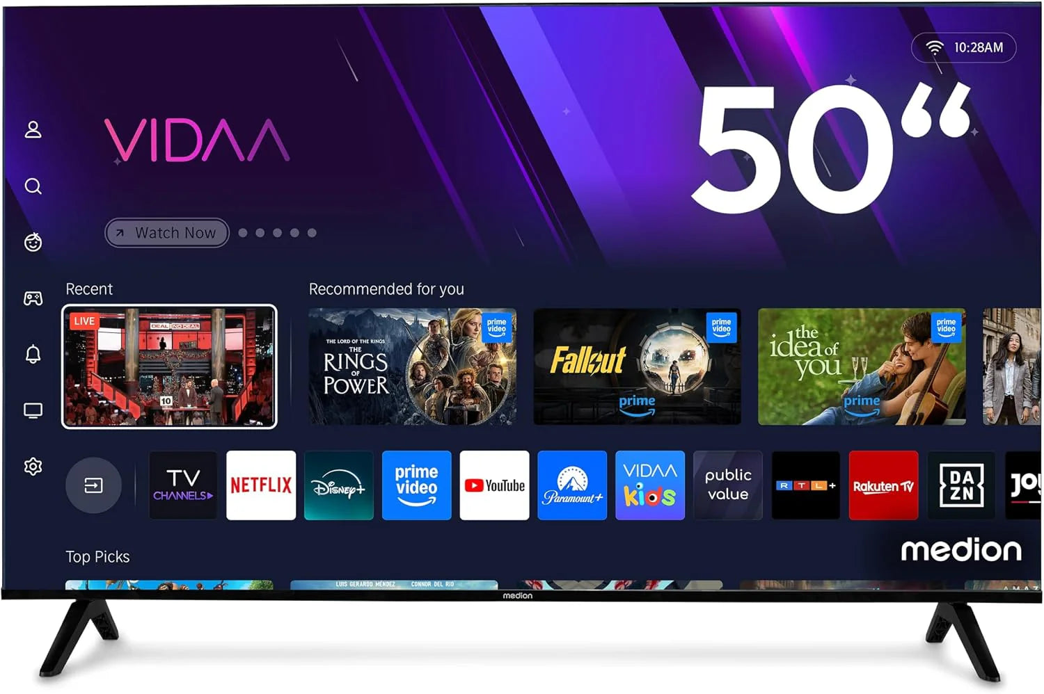 MEDION 163.9 cm 65" Ultra HD TV Smart TV HDR10 VIDA Store Prime Video Disney+ DAZN HbbTV PVR Bluetooth HD+, MD865201(50"/Sidestand)