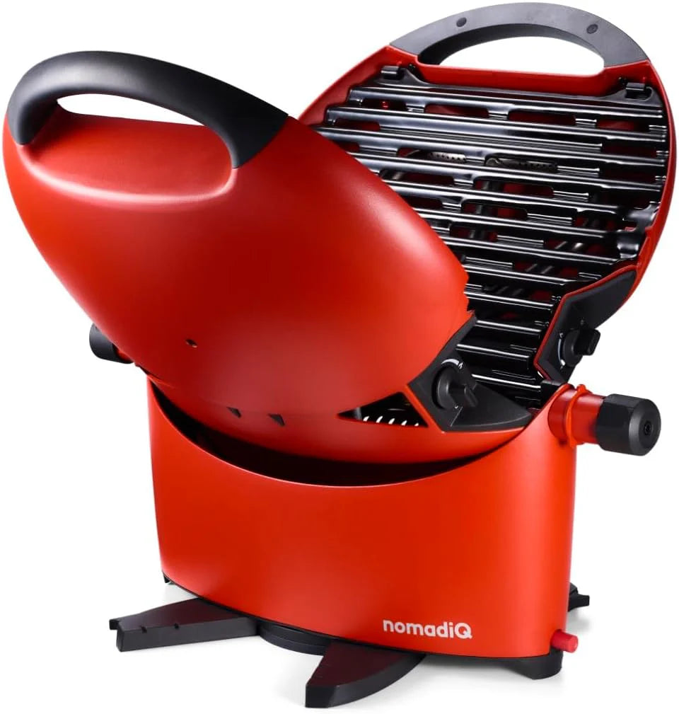 NOMADIQ BBQ Camping Tafelgrill, compact, 2 branders, gasgrill, camping, gasgrill, balkon, camper, grillplaat, draagbaar, outdoor, barbecue, outdoor kooktoestel(rood)