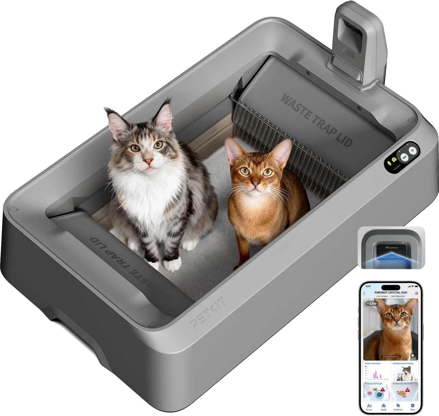 PETKIT PUROBOT CRYSTAL DUO Zelfreinigende Kattenbak, AI-camera, Automatisch Reinigende Kattenbak, Bidirectionele Reiniging, Vervangbare Tray, Gezondheidsmonitoring, Geurverwijdering(Grijs)
