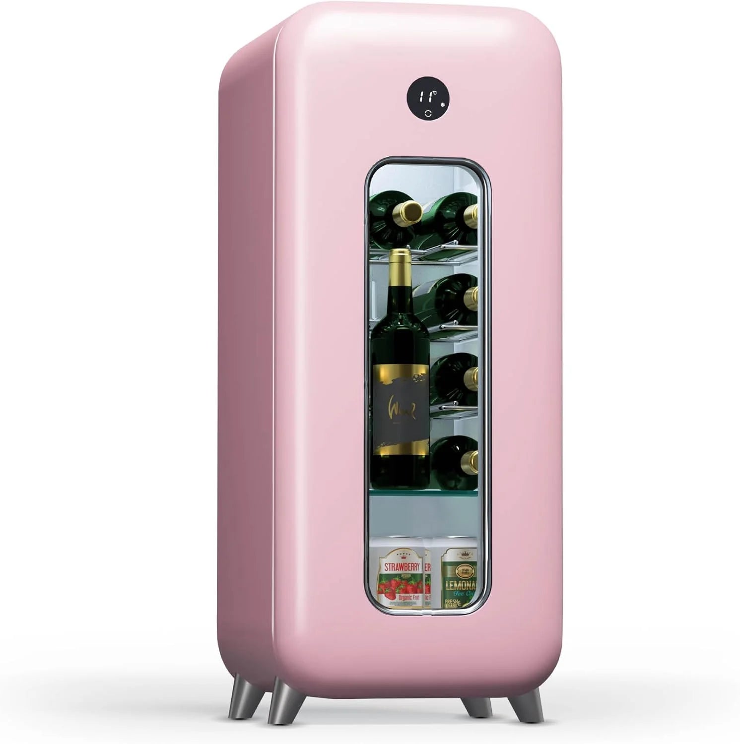 Klarstein Shirley Wijnkoelkast met vriesvak, 63 flessen, twee zones, -10 tot 18 °C, led, vrijstaand, retro-design, hybride planken, zwart(15 Fläschchen/roze)